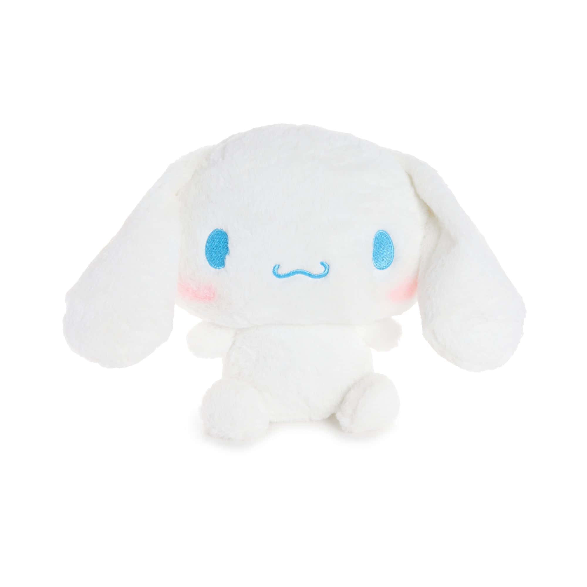 Cinnamoroll Laptop 桌布 壁紙 — 一隻柔軟的白色毛絨兔，藍色眼睛和粉紅色臉頰，坐在乾淨的白色背景前。