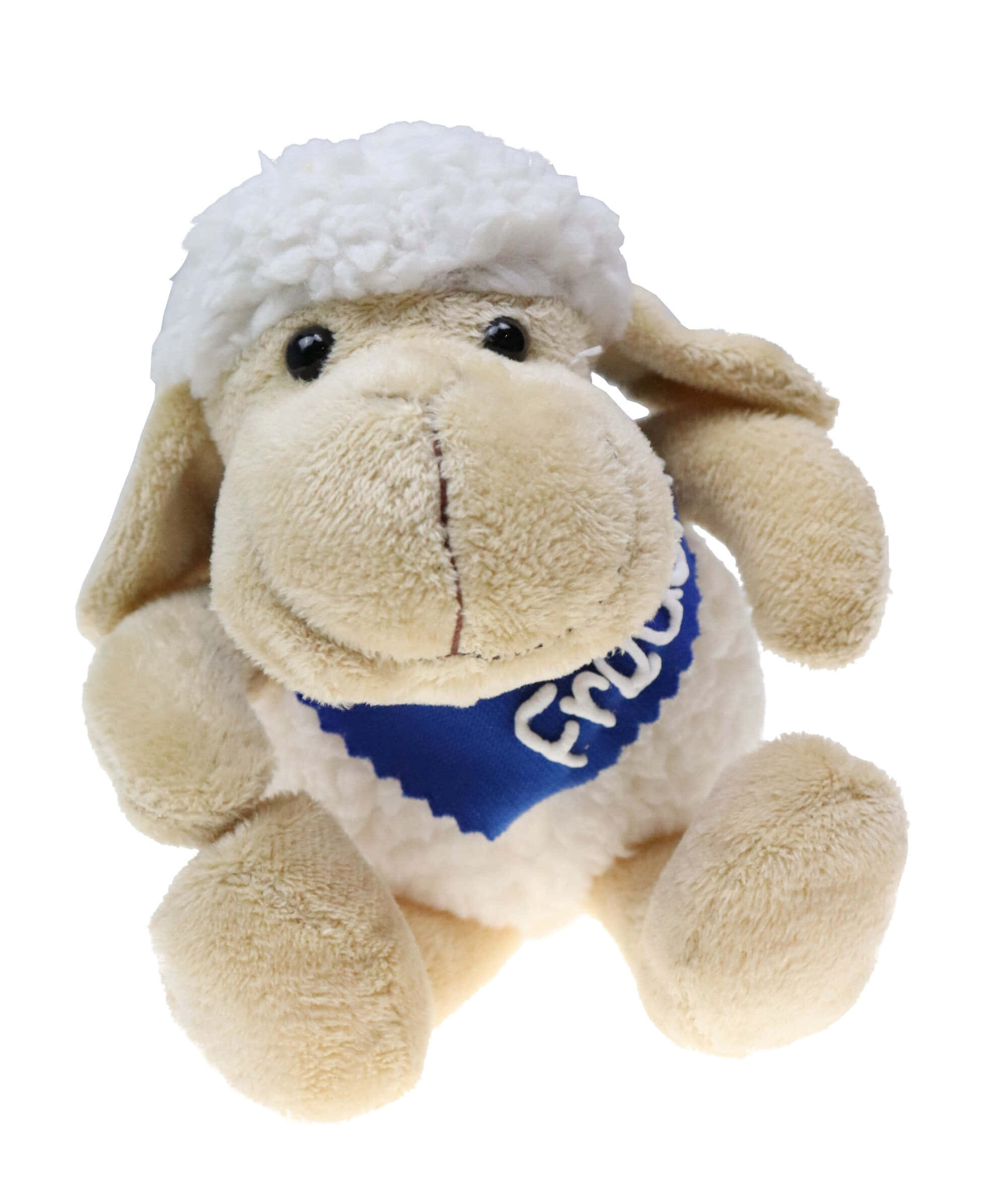 Cuddly 桌布 壁紙 — 一隻柔軟的米色毛絨羊，頂部有蓬鬆的白色羊毛，脖子上繫著一條藍色頭巾。