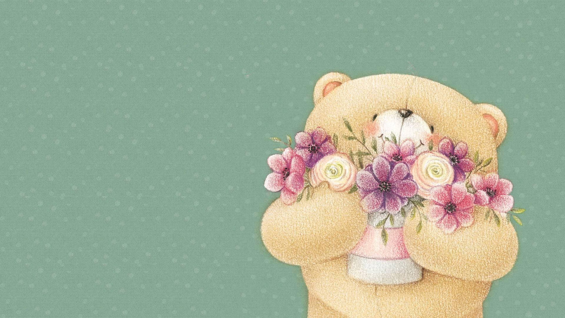 Teddy Bear 桌布 壁紙 — 一隻柔軟的米色泰迪熊拿著一束粉紅色和紫色的花，背景是薄荷綠的圓點圖案。