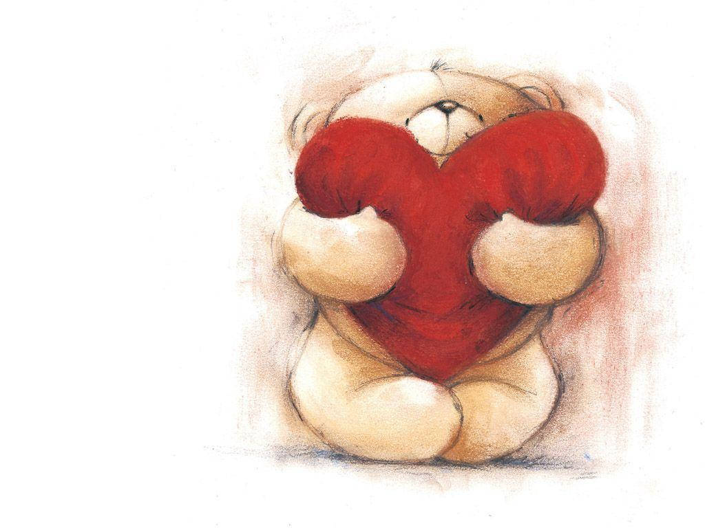 Cute Heart 桌布 壁紙 — 一隻柔軟的米色泰迪熊輕輕抱著一個鮮紅色的心形枕頭，背景溫暖且有紋理。