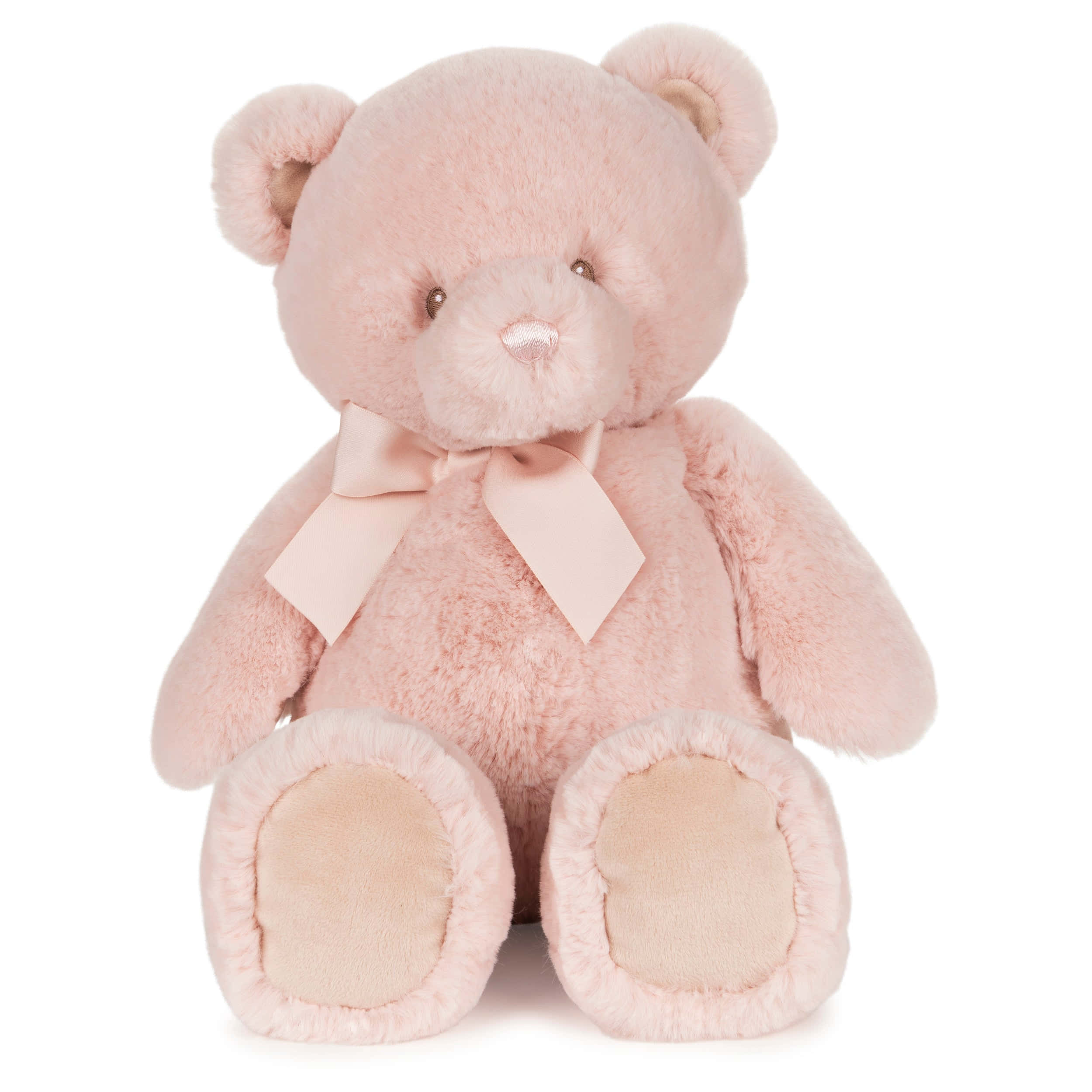 Teddy Bear 桌布 壁紙 — 一隻柔軟的粉紅色毛絨泰迪熊，戴著相配的蝴蝶結，直立在潔白的背景前。