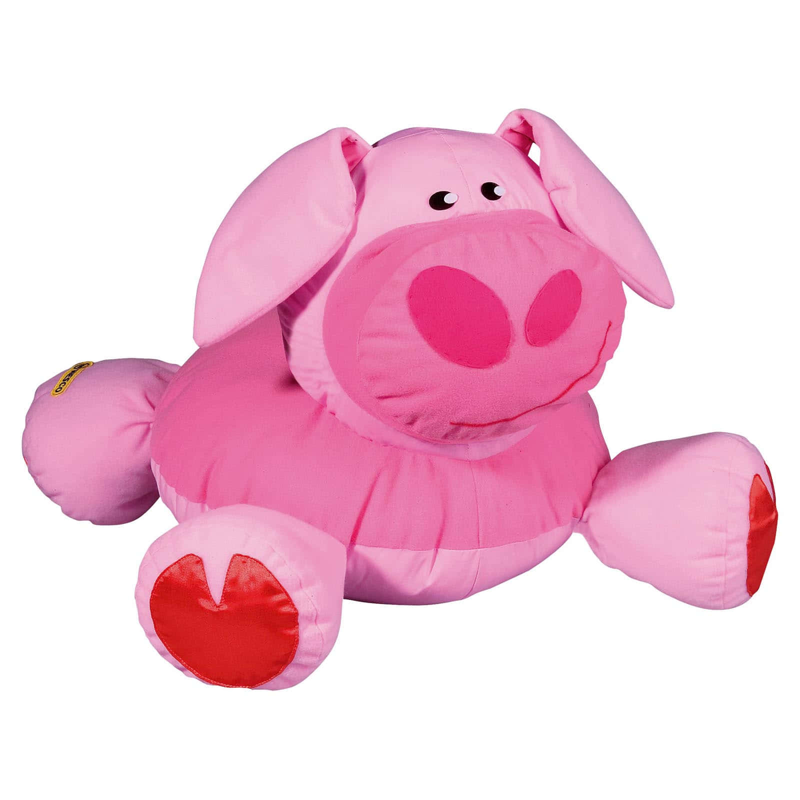 Cuddly 桌布 壁紙 — 一隻柔軟的粉紅色毛絨豬玩具，帶有紅色心形蹄子，放在白色背景前。
