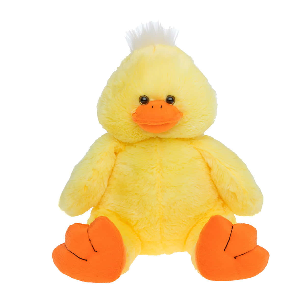 Cuddly 桌布 壁紙 — 一隻柔軟的黃色毛絨鴨子，有橙色喙和腳，直立坐在乾淨的白色背景前。