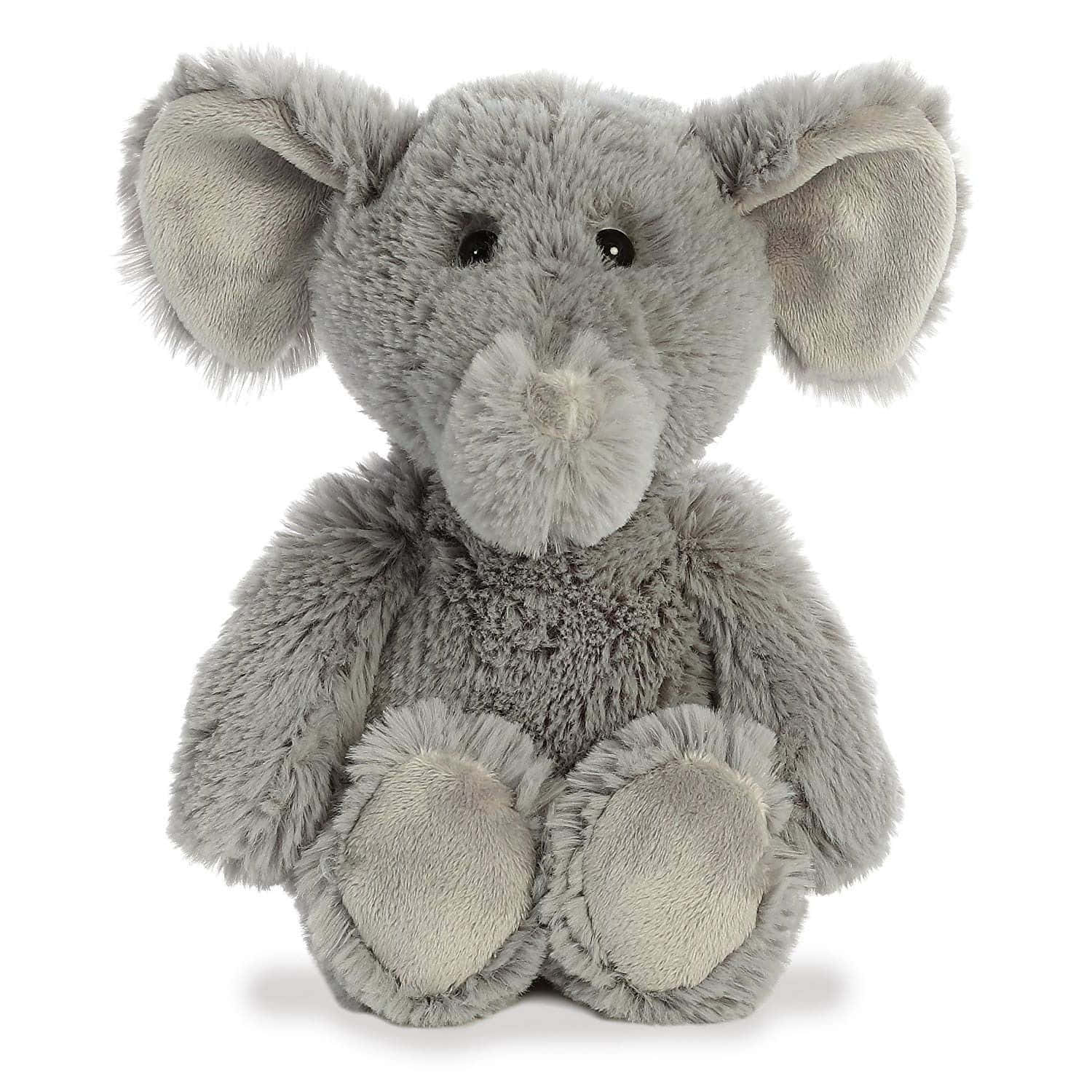 Cuddly 桌布 壁紙 — 一隻柔軟蓬鬆的灰色大象毛絨玩具在潔白背景和柔和光線下直立坐著。