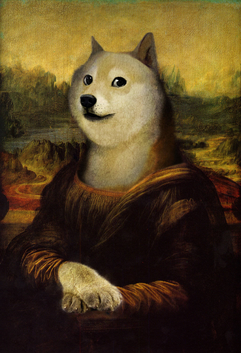 Doge 桌布 壁紙 — 一隻柴犬取代了蒙娜麗莎的臉，出現在文藝復興風格的肖像畫中，背景是寧靜的風景。