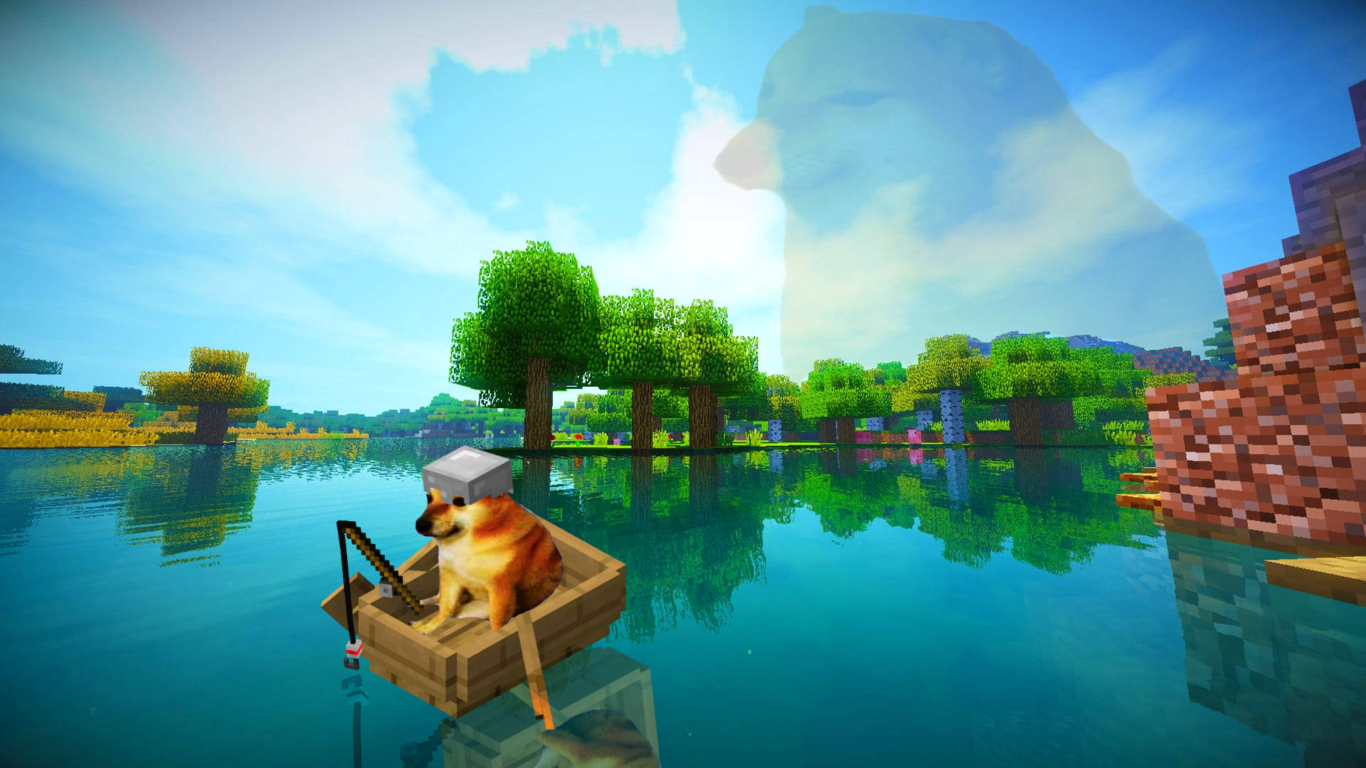 Doge 桌布 壁紙 — 一隻柴犬在木船上，於晴朗的天空下，在平靜的Minecraft湖中釣魚，雲中有一個幽靈狗頭。