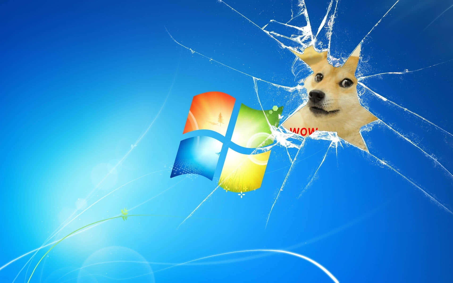 Dog Memes 桌布 壁紙 — 一隻柴犬在藍色漸層背景上，衝破Windows標誌上的裂紋玻璃效果。