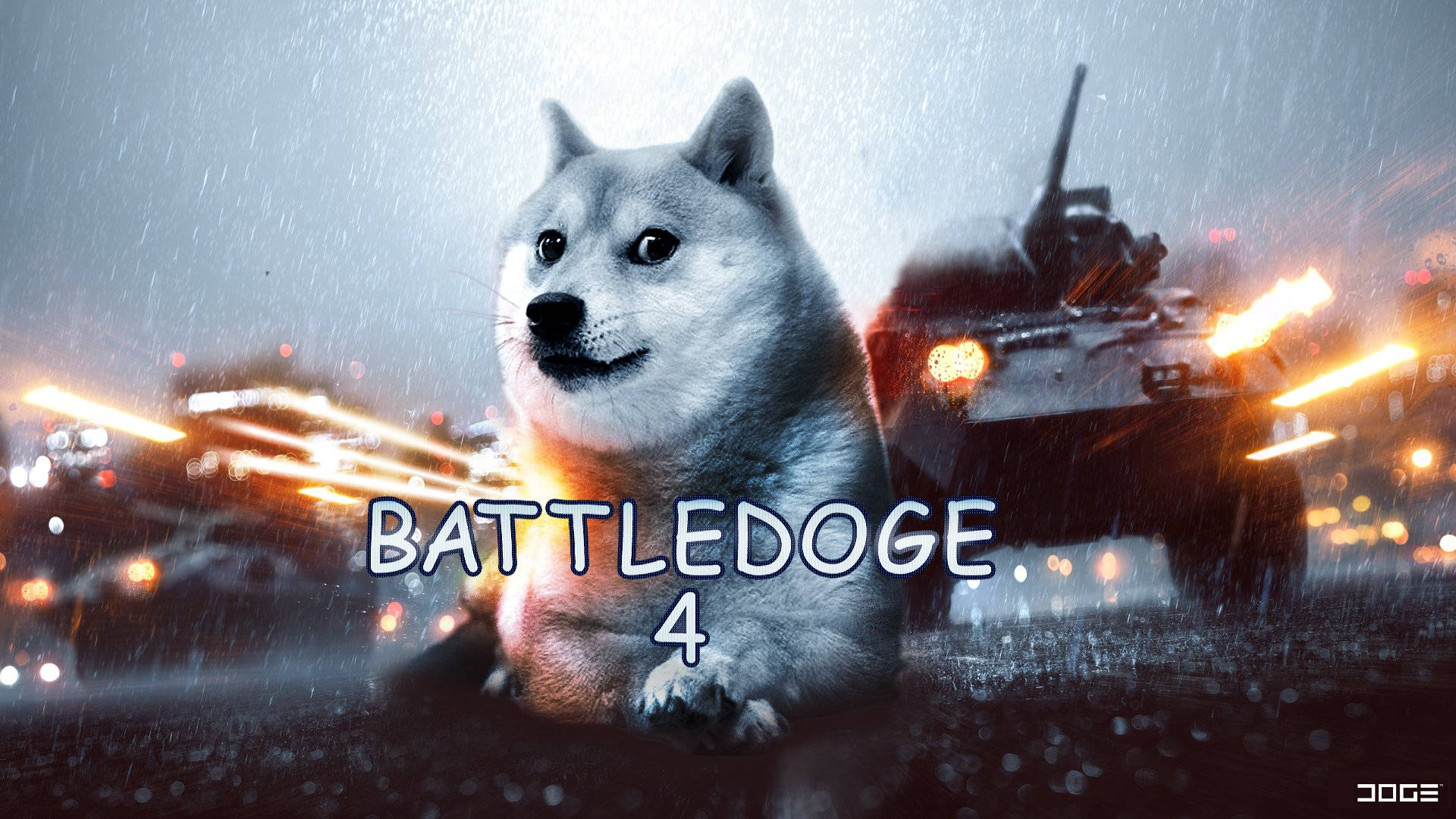 Doge 桌布 壁紙 — 一隻柴犬在雨中靜靜地坐著，背景中一輛坦克正在發射，發出閃爍的光芒。