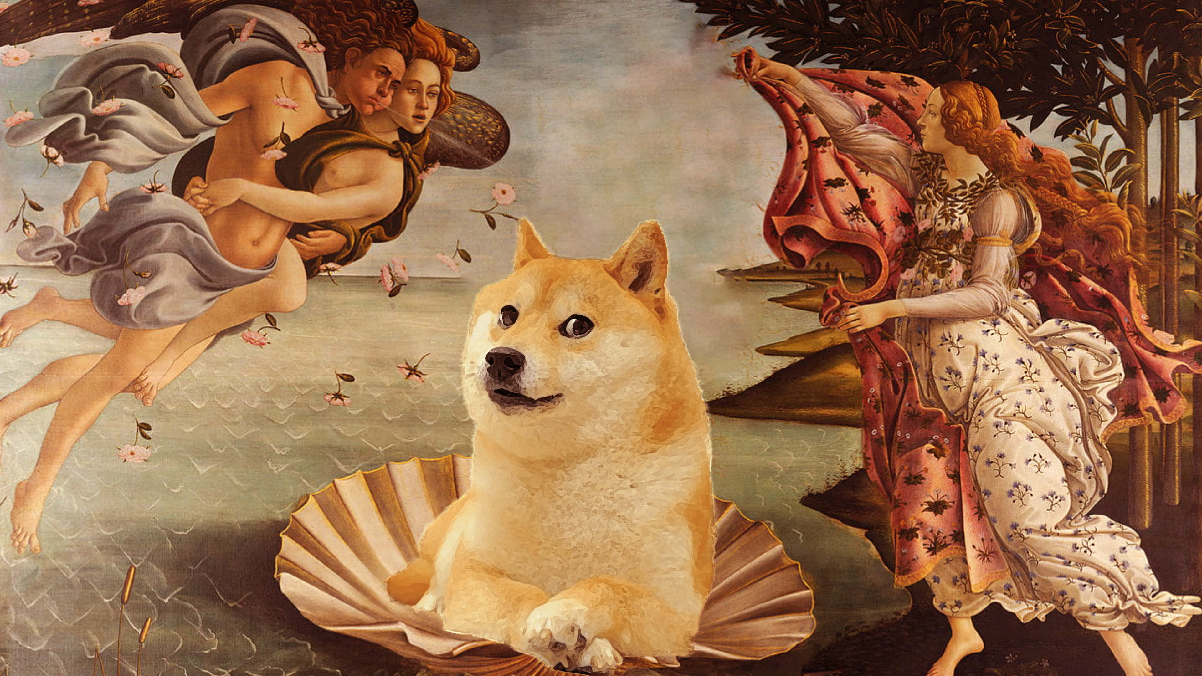 搞笑 桌布 壁紙 — 一隻柴犬坐在貝殼前景，疊加在一幅文藝復興時期神話人物在水景中的畫作上。