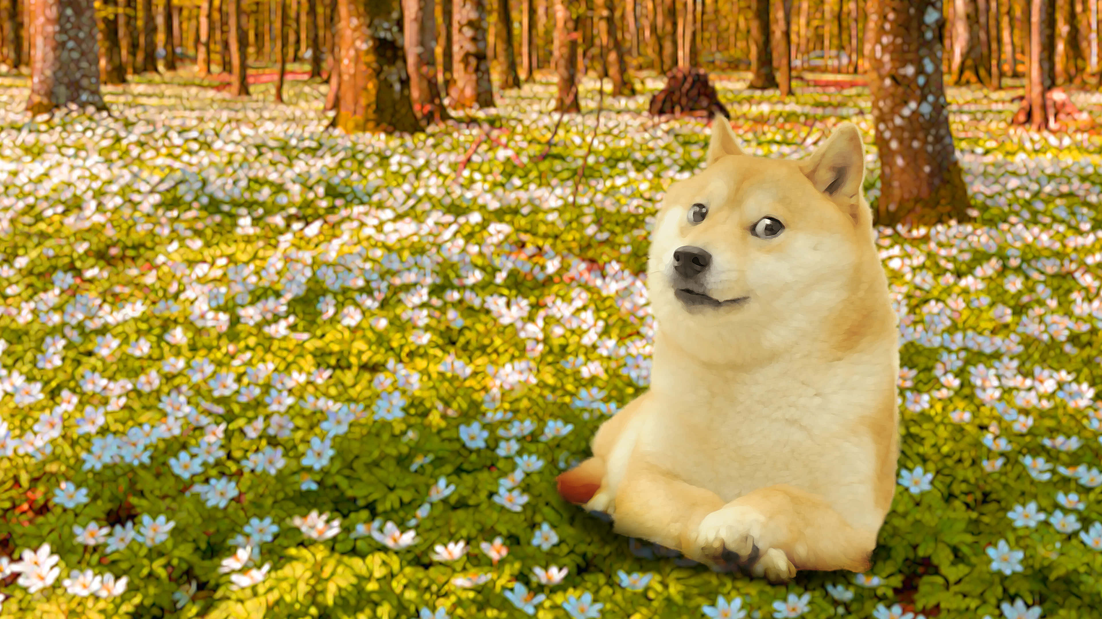 狗 桌布 壁紙 — 一隻柴犬安靜地坐在陽光普照的森林地面上，地面覆蓋著白色和藍色的花朵。