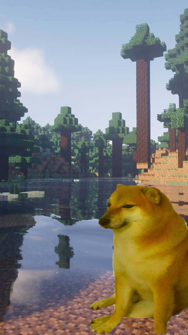 Cheems 桌布 壁紙 — 一隻柴犬平靜地坐在像素化的Minecraft湖邊，周圍是方塊狀的樹木，天空晴朗。