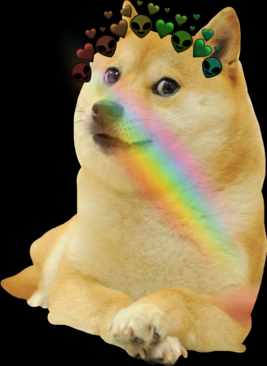 Doge 桌布 壁紙 — 一隻柴犬從口中射出彩虹光束，頭頂上漂浮著外星人頭顱和愛心。