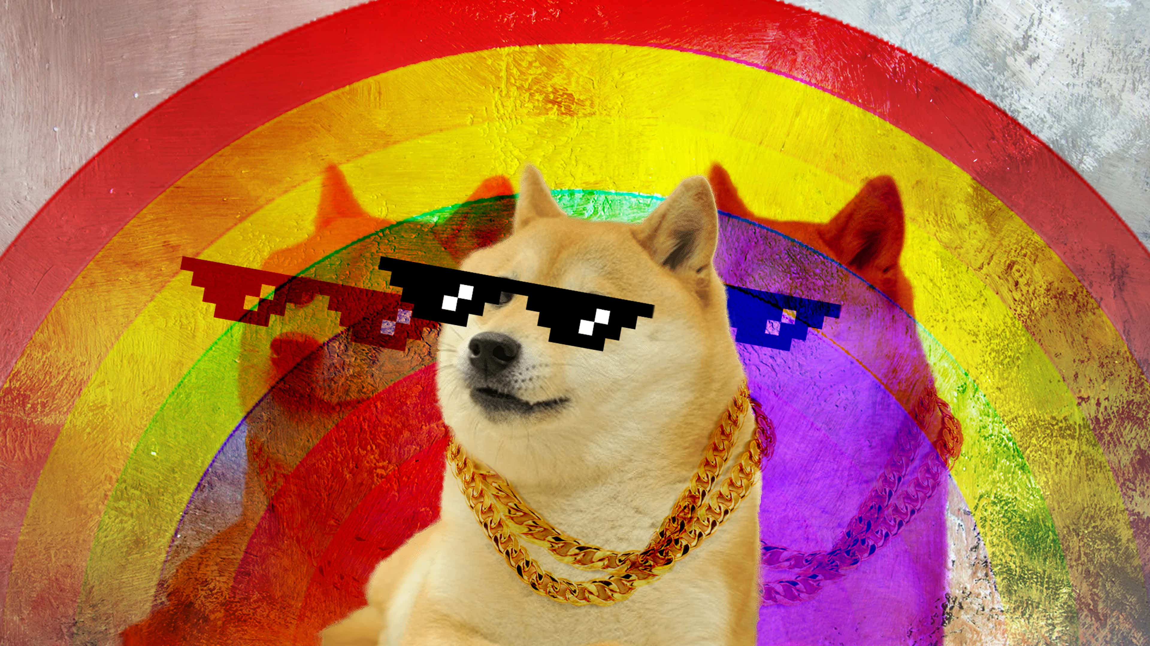 彩虹 桌布 壁紙 — 一隻柴犬戴著像素化太陽眼鏡和一條金鏈，自信地站在充滿活力的彩虹背景前。
