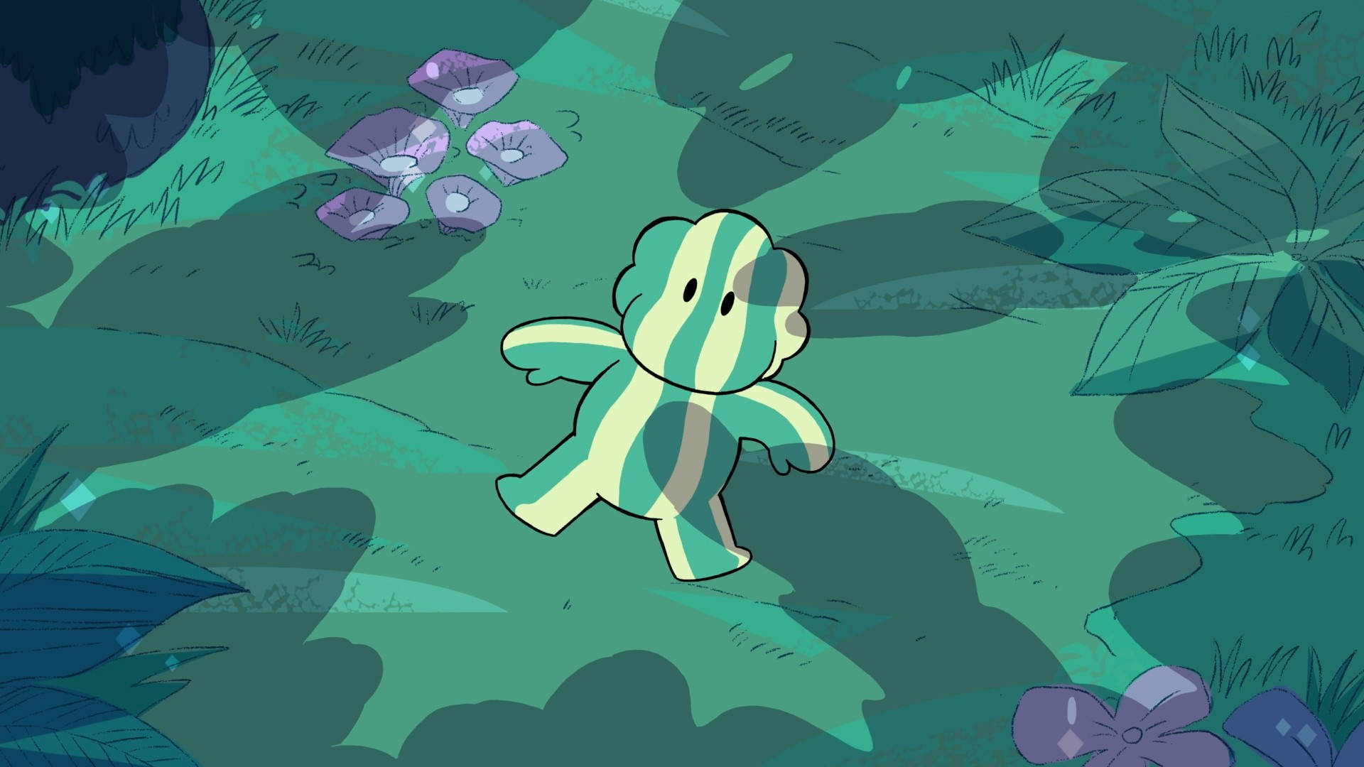 Cartoon Network 桌布 壁紙 — 一隻條紋卡通生物穿過一片鬱鬱蔥蔥的綠色森林，森林裡有紫色的花朵和大葉子。