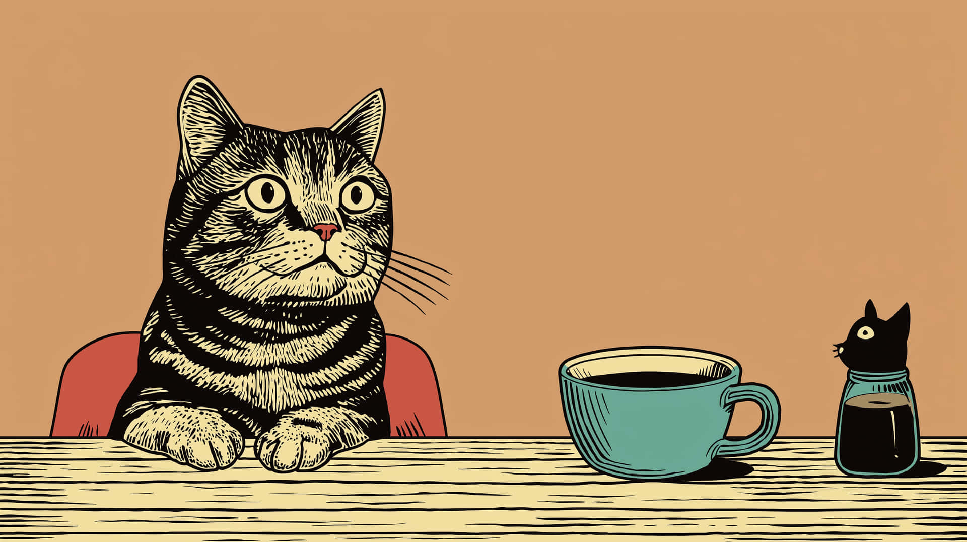 Retro Cat Enjoying Coffee with Tiny Bottle on Table 壁紙 — 一隻條紋貓坐在木桌旁，桌上有一個青綠色咖啡杯，旁邊的罐子裡有一隻小黑貓。