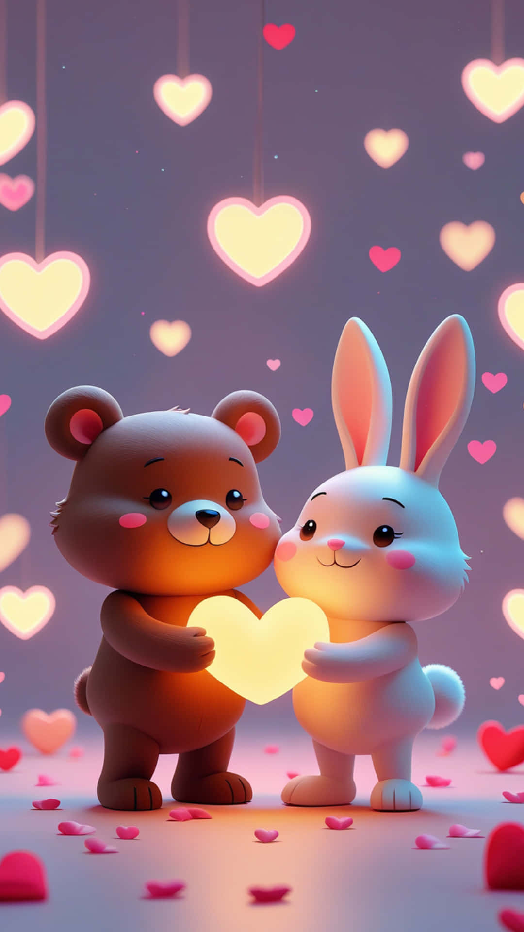 Where Pastel Colors Tell a Love Story 壁紙 — 一隻棕熊和一隻白兔在柔和的紫色光芒下，一起拿著一個發光的愛心，周圍掛著愛心。