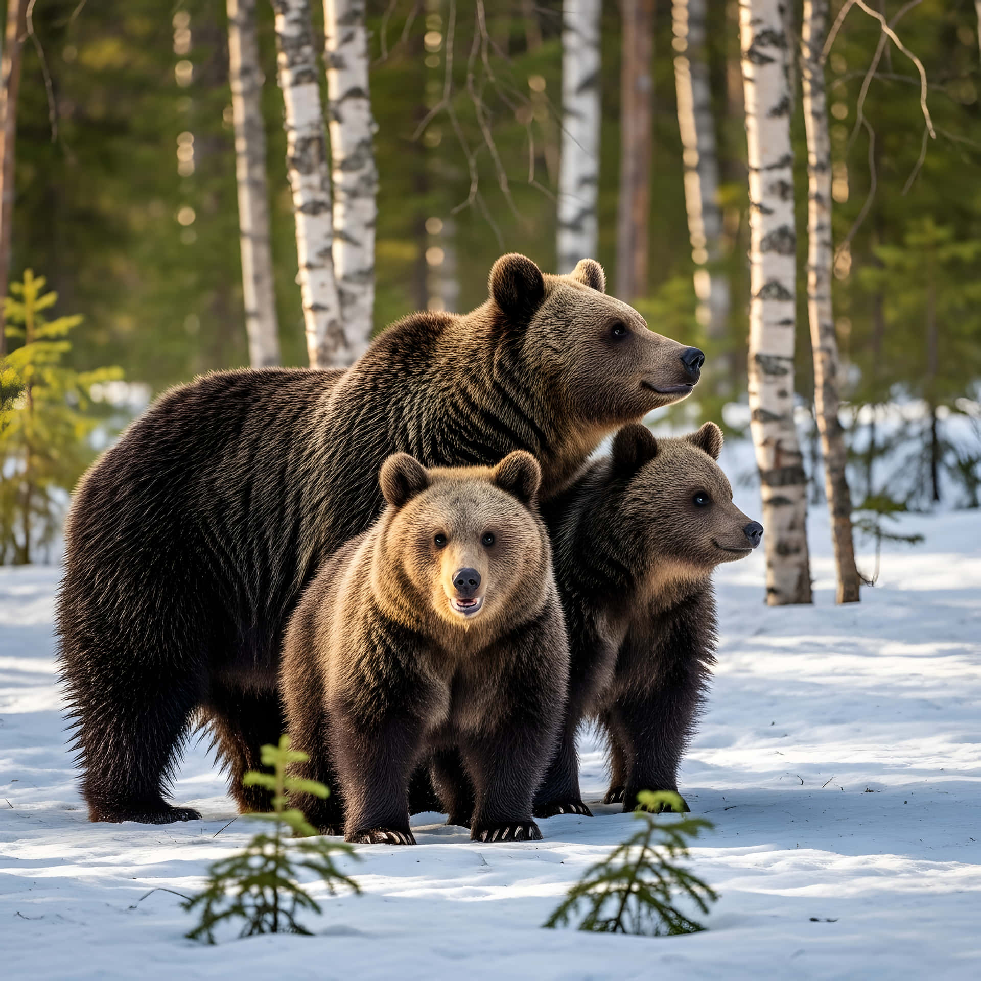 Bears in the snow 壁紙 — 一隻棕熊媽媽和她的兩隻幼崽在白雪覆蓋的白樺林中警覺地站著，沐浴在金色的陽光下。