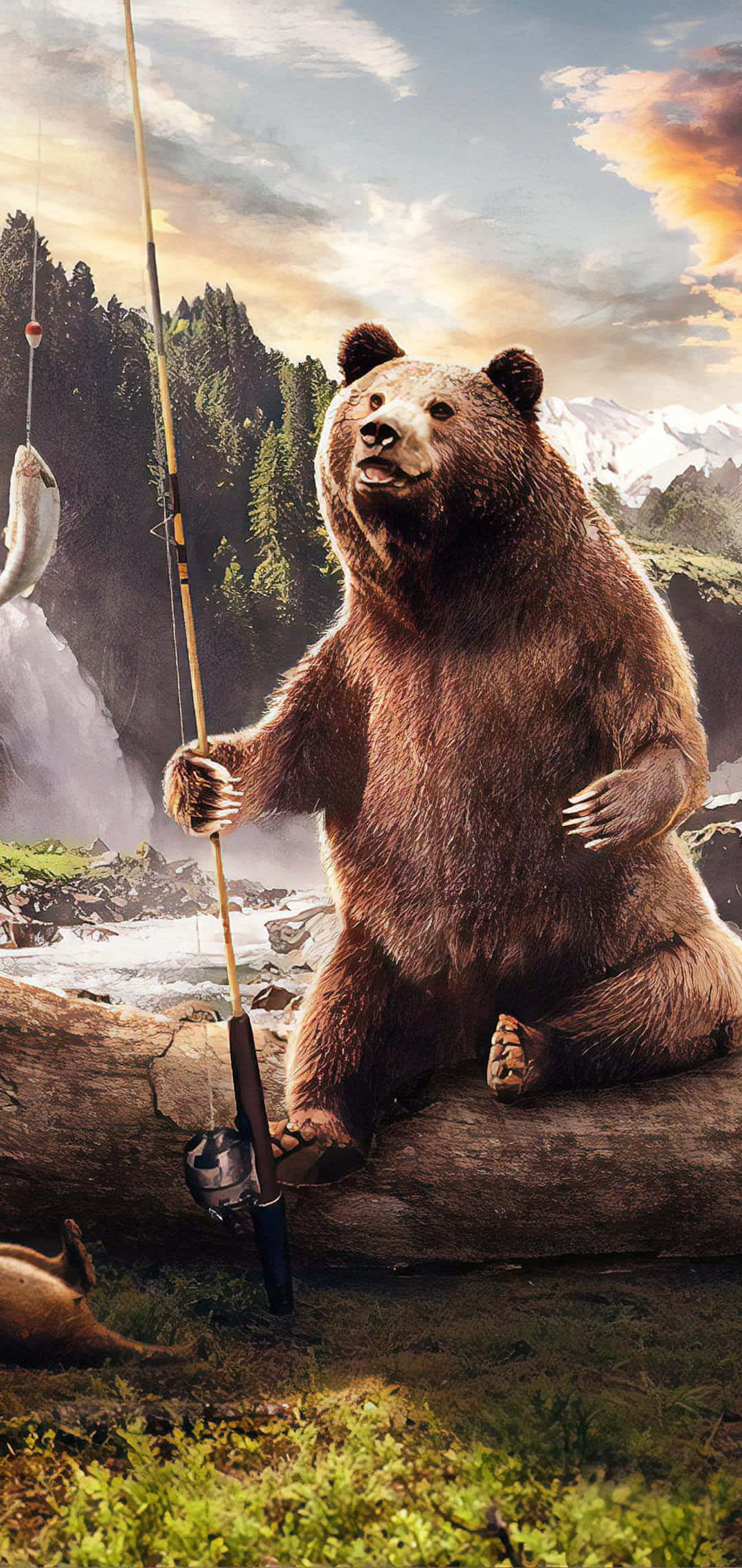 Bear iPhone 桌布 壁紙 — 一隻棕熊直坐在木頭上，手持釣竿，釣線末端掛著一條捕獲的魚，背景是山脈和瀑布。