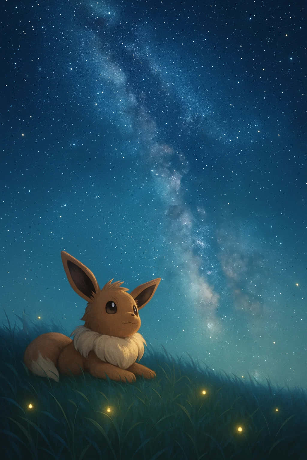 Eevee Wallpaper Pokemon 4K WEBP HD Download 壁紙 — 一隻棕色伊布平靜地坐在草地上，上方是充滿活力的藍色星空，有發光的銀河和閃爍的螢火蟲。