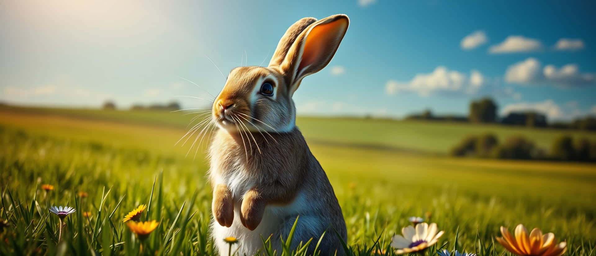 Rabbit 壁紙 — 一隻棕色兔子在陽光明媚的草地上直立坐著，草地上點綴著雛菊和橙色花朵，藍天白雲。