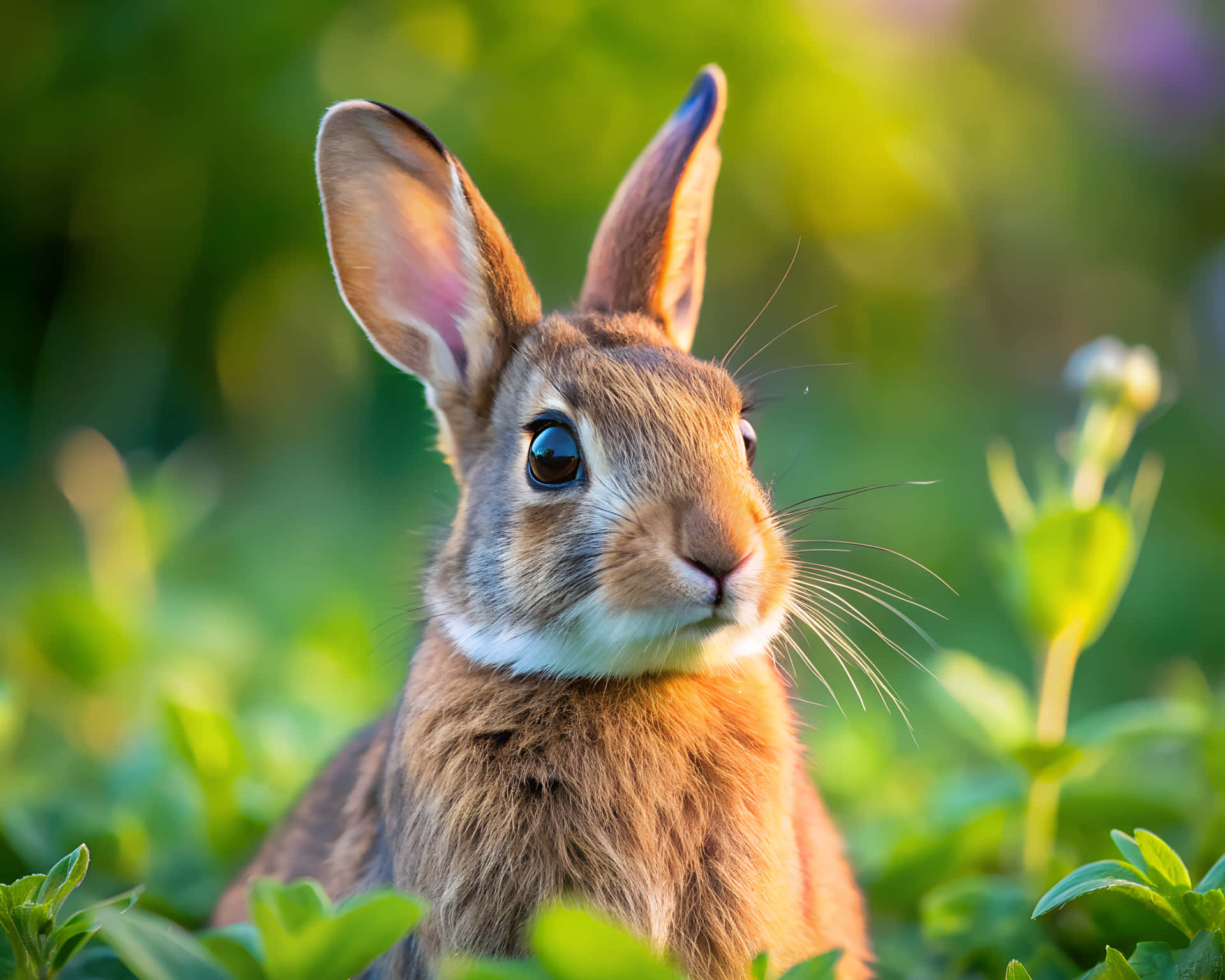 Rabbit in nature 壁紙 — 一隻棕色兔子的特寫，豎起耳朵，明亮的眼睛從茂密的綠色樹葉中探出頭來。