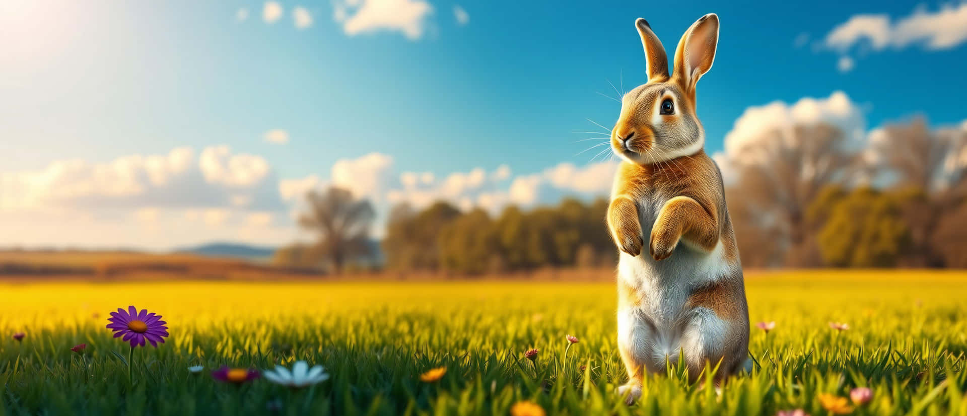 Rabbit 壁紙 — 一隻棕色兔子直立在陽光明媚的草地上，草地上點綴著紫色和白色的花朵，藍天白雲。