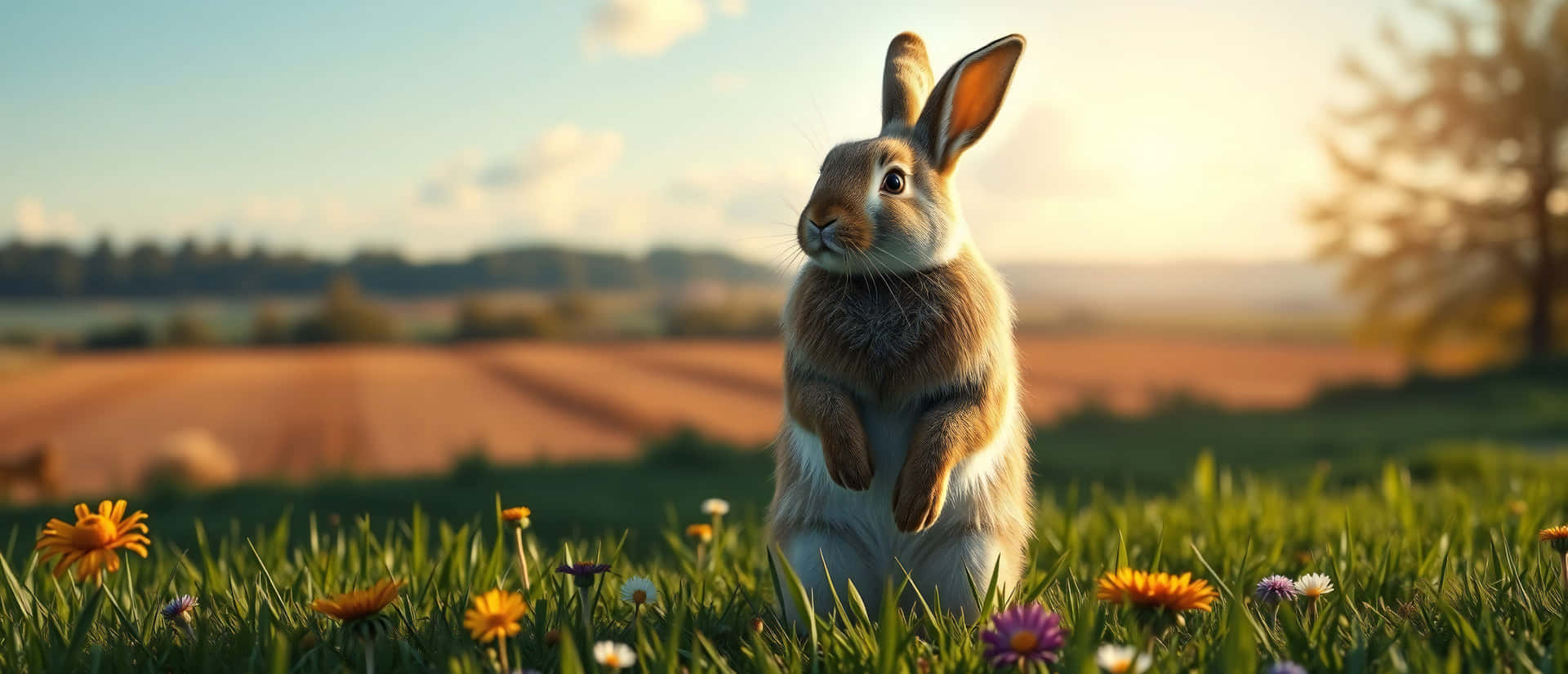 Rabbit 壁紙 — 一隻棕色兔子直立於陽光普照的草地上，草地上點綴著橙色、紫色和白色的野花。