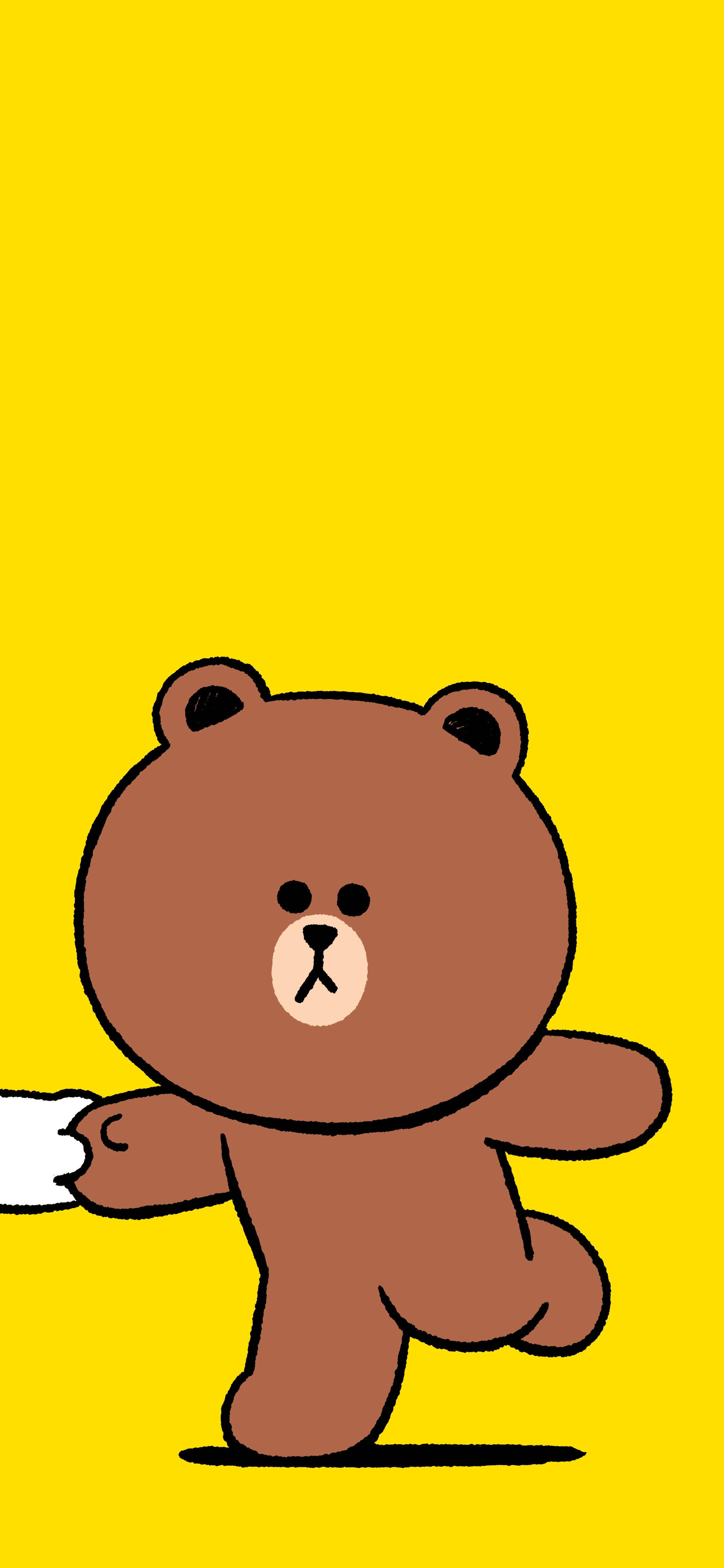 Line 桌布 壁紙 — 一隻棕色卡通熊以簡單的黑色線條藝術在明亮的黃色背景上快樂地奔跑。