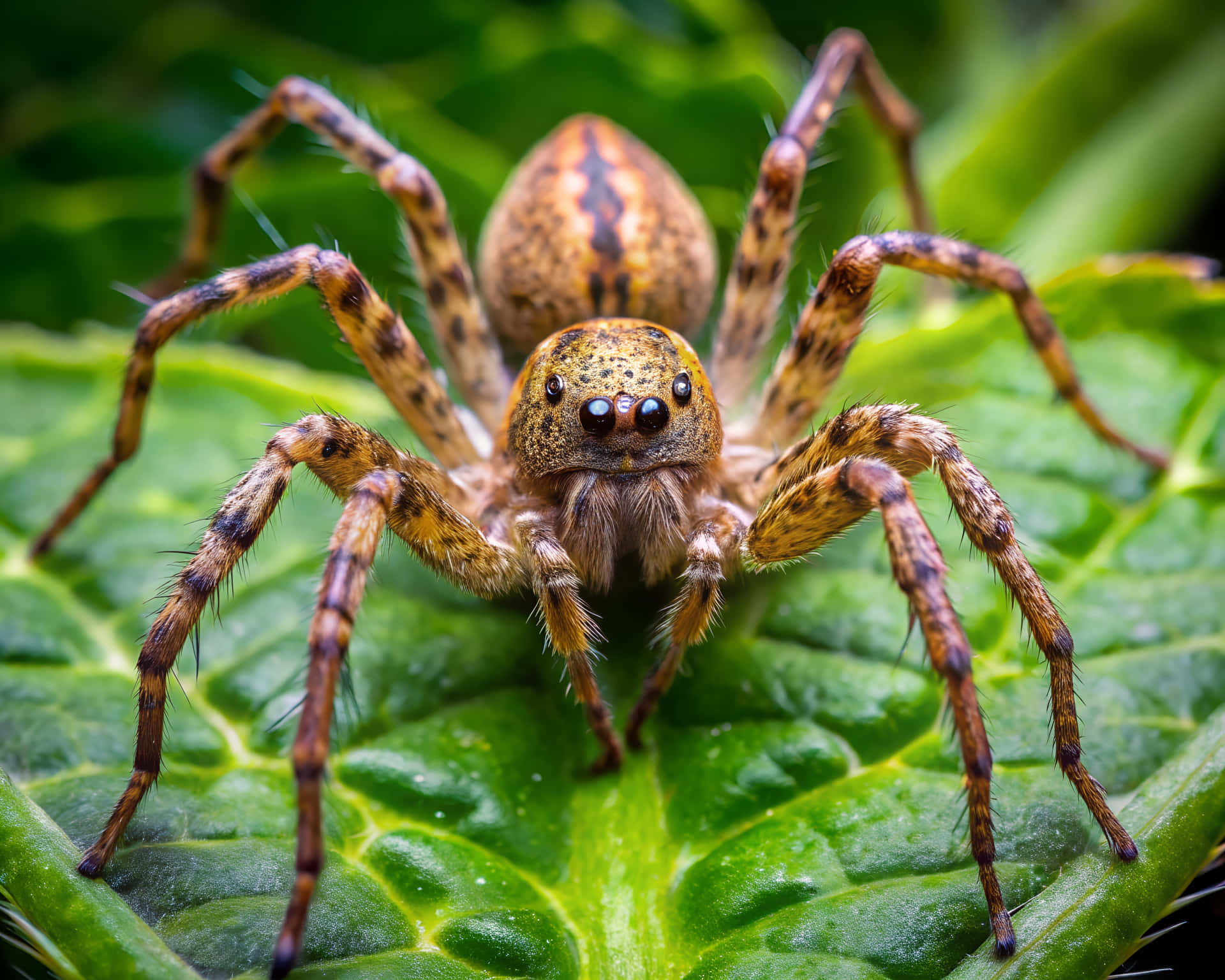 Spider on leaf 壁紙 — 一隻棕色和棕褐色的蜘蛛，有毛茸茸的腿，棲息在充滿活力的綠葉上的特寫。
