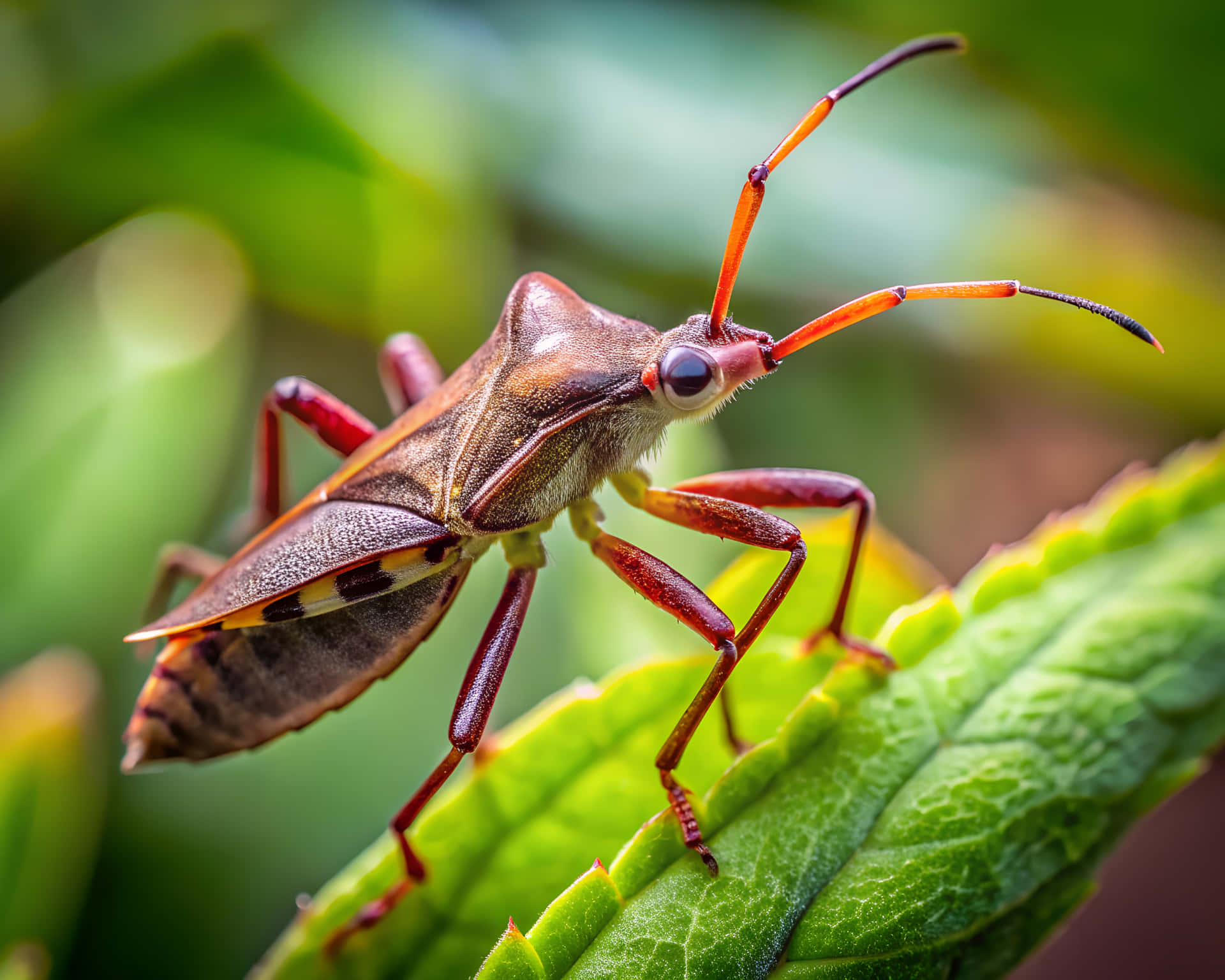 Bug om plant 壁紙 — 一隻棕色和橙色的蟲子，長著長長的觸角，棲息在一片鮮綠的葉子上。