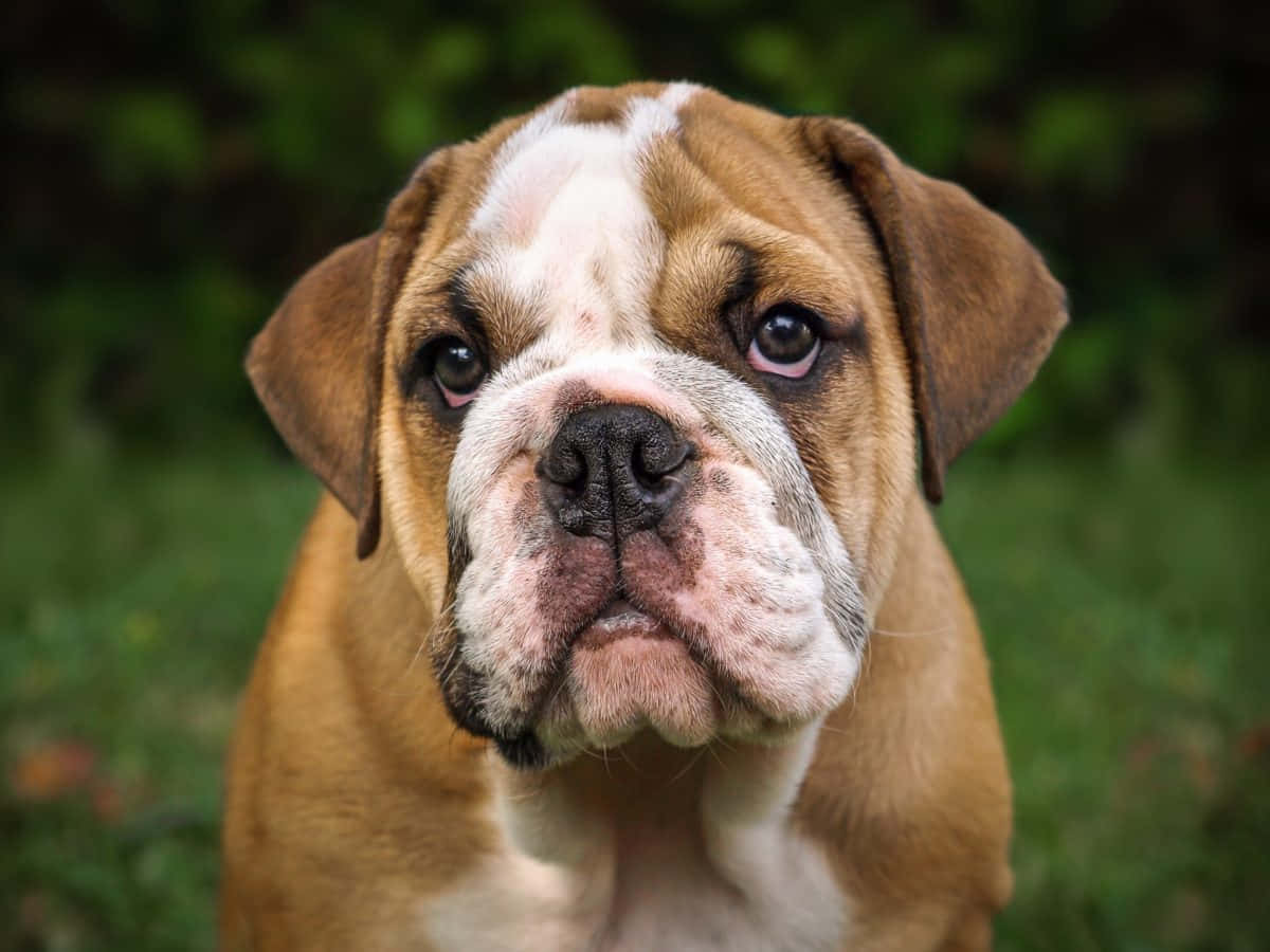 鬥牛犬 桌布 壁紙 — 一隻棕色和白色的鬥牛犬幼犬特寫，擁有充滿靈魂的眼睛，直視鏡頭，背景是模糊的綠色。