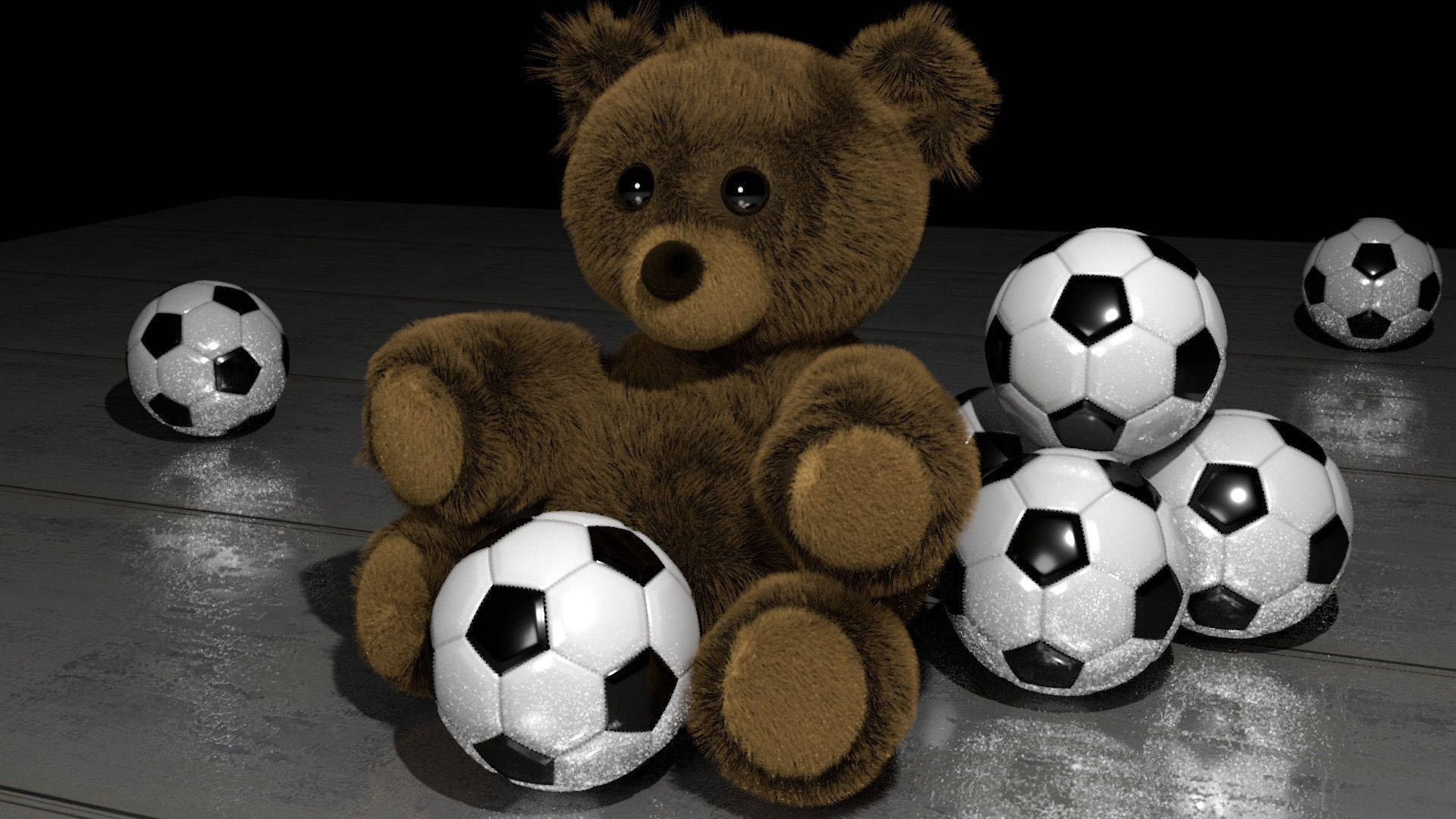 Teddy Bear 桌布 壁紙 — 一隻棕色毛絨泰迪熊坐在木地板上，周圍環繞著閃亮的黑白足球，背景為深色。