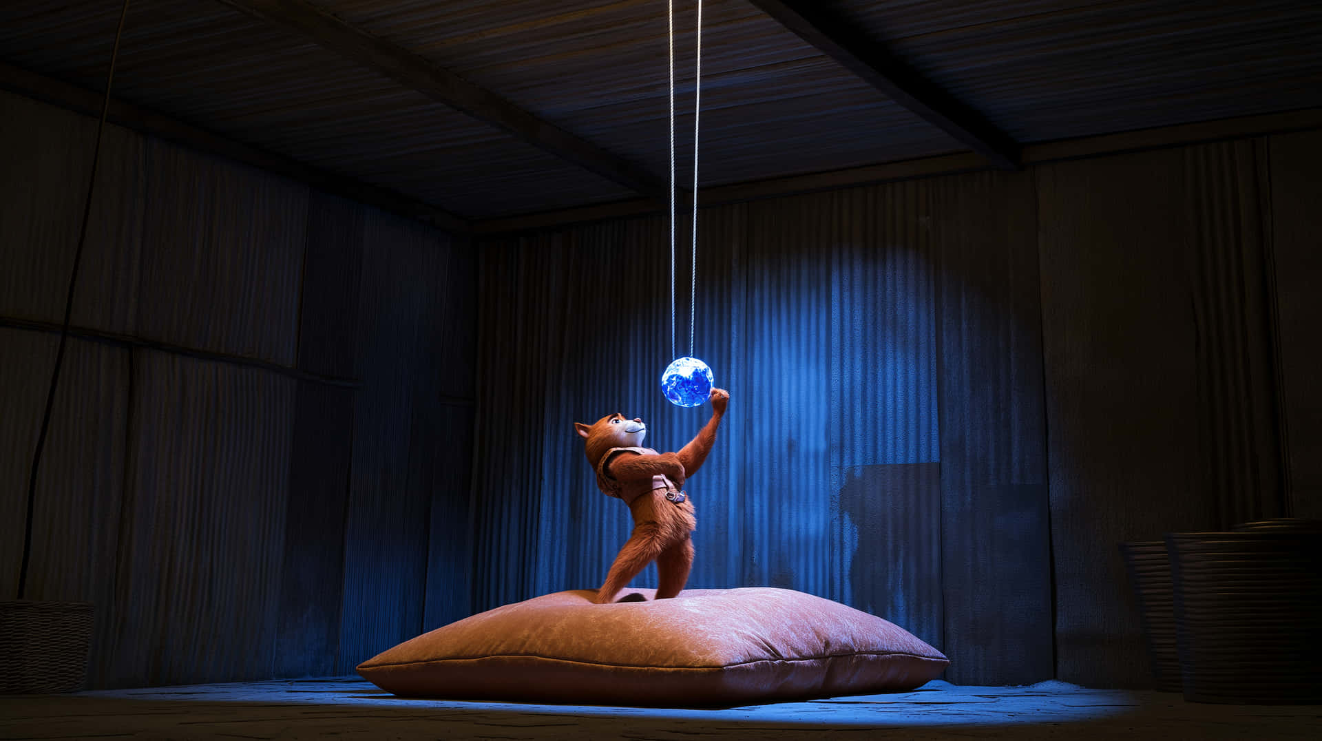 Curious cat reaching for glowing orb in dark room 壁紙 — 一隻棕色毛茸茸的生物站在一個大枕頭上，伸手去抓一個由電線懸掛著的發光藍色球體，房間是木製的，光線昏暗。