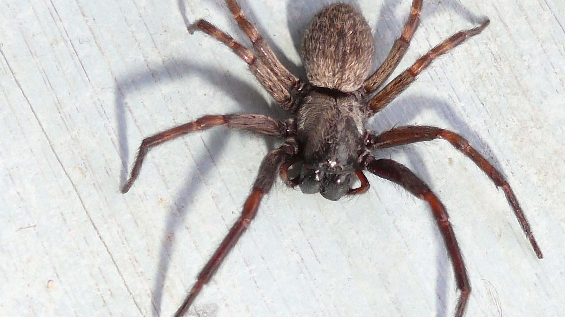 Brown Recluse Spider 桌布 壁紙 — 一隻棕色毛蜘蛛在淺色木板上休息的詳細特寫。