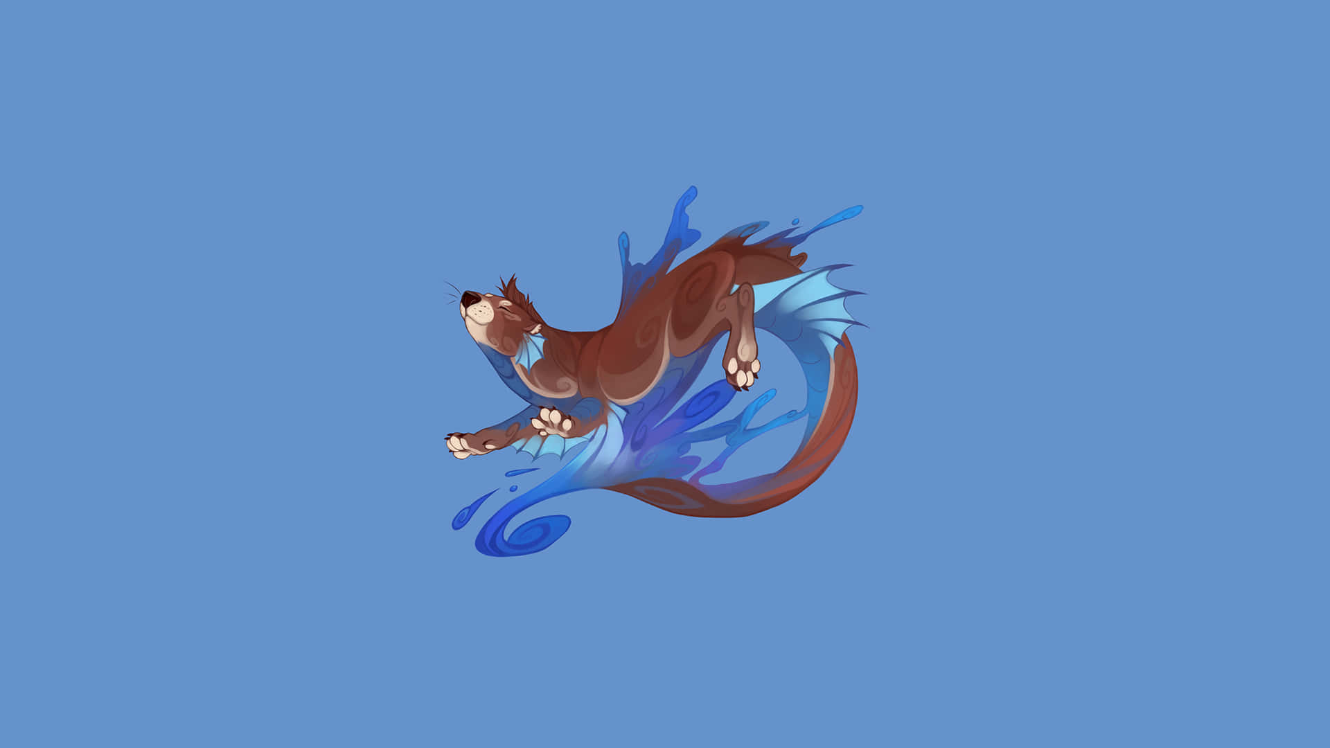 獸人 桌布 壁紙 — 一隻棕色水獺在空中跳躍，藍色水花沿著身體飛濺，背景為純藍色。