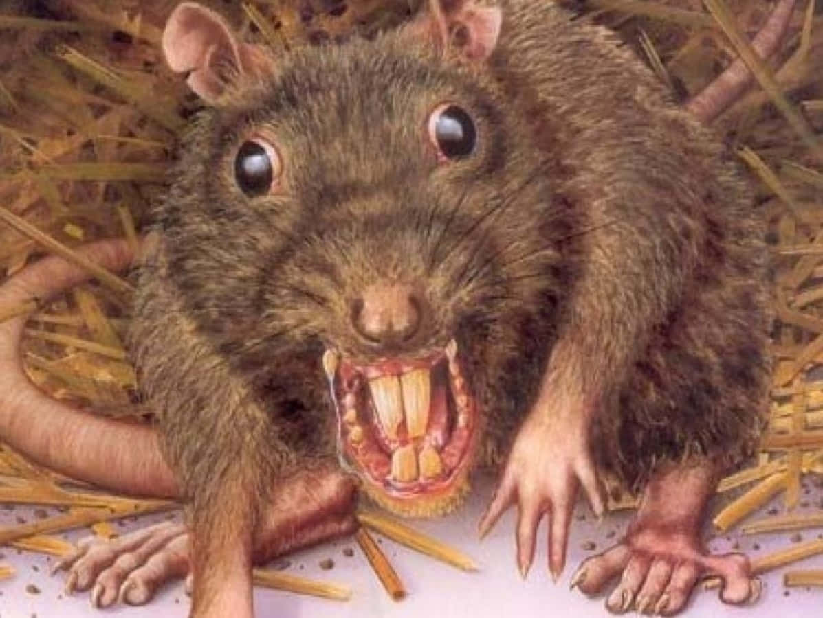Rat 桌布 壁紙 — 一隻棕色老鼠露出牙齒、睜大眼睛蹲在乾草中的超現實插圖。