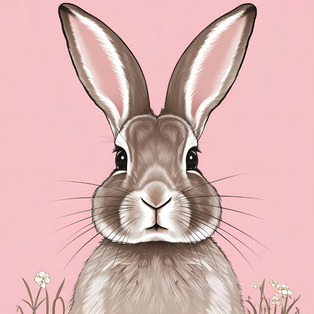 Cute Rabbit 桌布 壁紙 — 一隻棕色長耳兔子的詳細插圖，帶有鬍鬚，背景是柔和的粉紅色，點綴著小白花。
