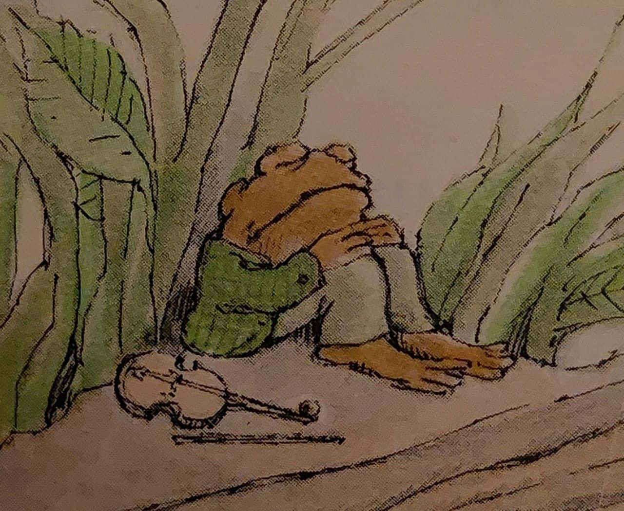 toad 桌布 壁紙 — 一隻棕色青蛙穿著綠色外套蜷縮在高高的草叢中，旁邊放著一把小提琴。