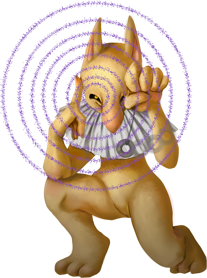 Hypnosis 桌布 壁紙 — 一隻棕褐色貓咪生物，有一隻可見的眼睛和白色荷葉邊領子，被紫色同心圓包圍。