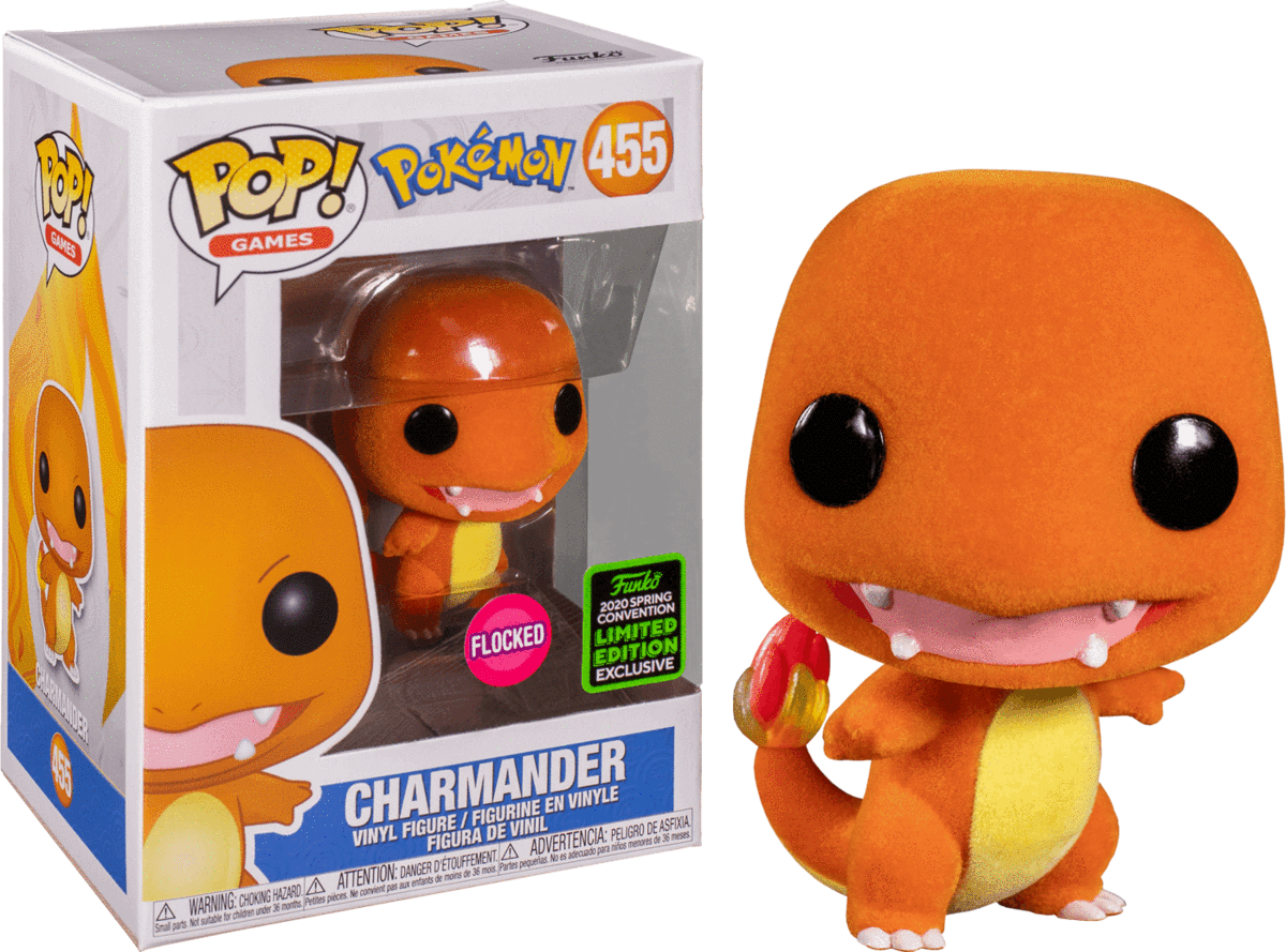 小火龍 桌布 壁紙 — 一隻植絨橙色Charmander Funko Pop! 塑膠公仔連同其收藏盒放在黑色背景前。