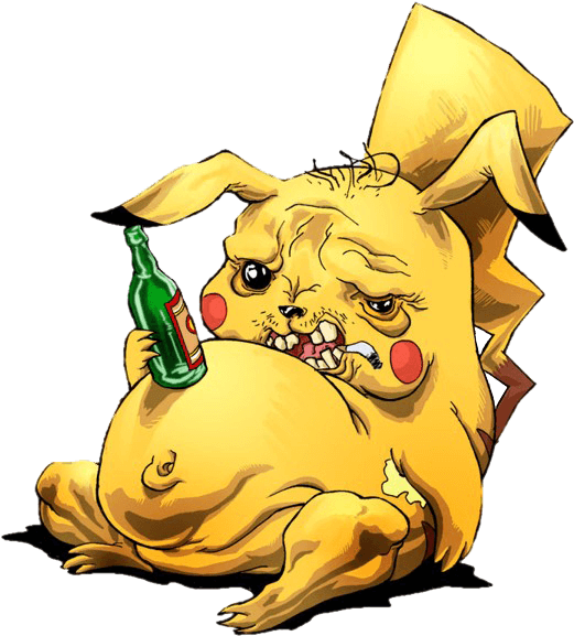 Drunk 桌布 壁紙 — 一隻極度肥胖的皮卡丘，雙眼下垂，爪子緊握一個綠色瓶子，癱坐在黑色背景前。
