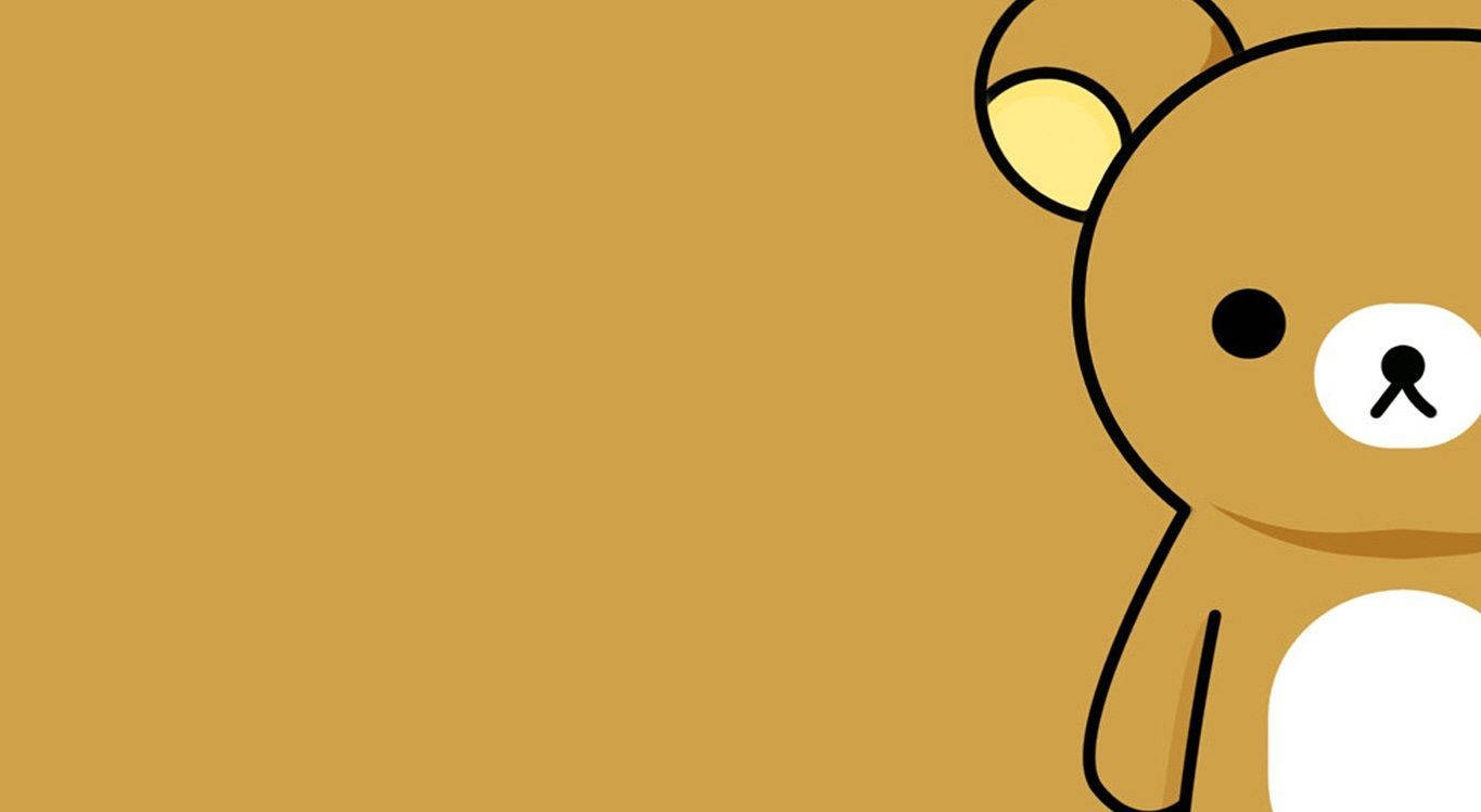 Teddy Bear 桌布 壁紙 — 一隻極簡卡通熊，白色肚子和黃色耳朵，從右側探出頭來，背景是純棕色。