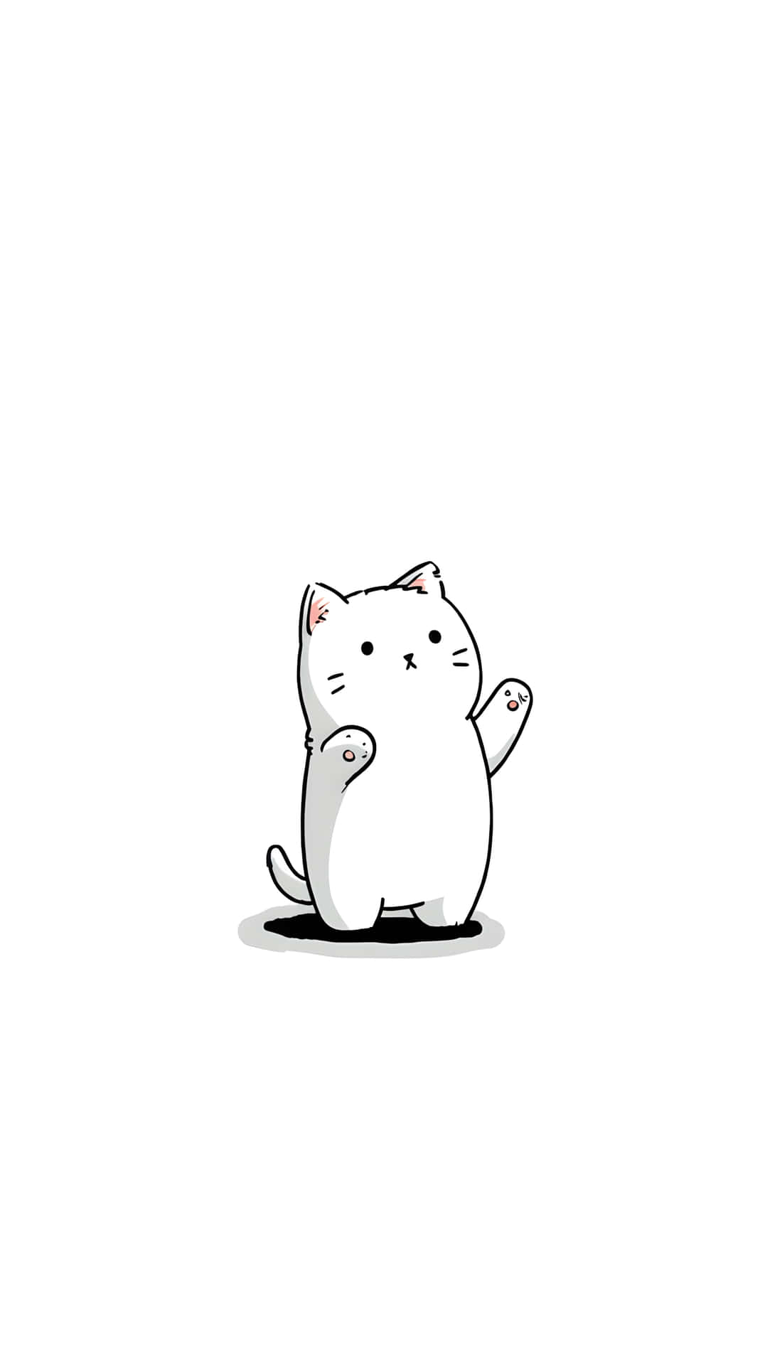 Simple line art cat waving small 壁紙 — 一隻極簡卡通白貓在純白背景上直立並揮動雙爪。