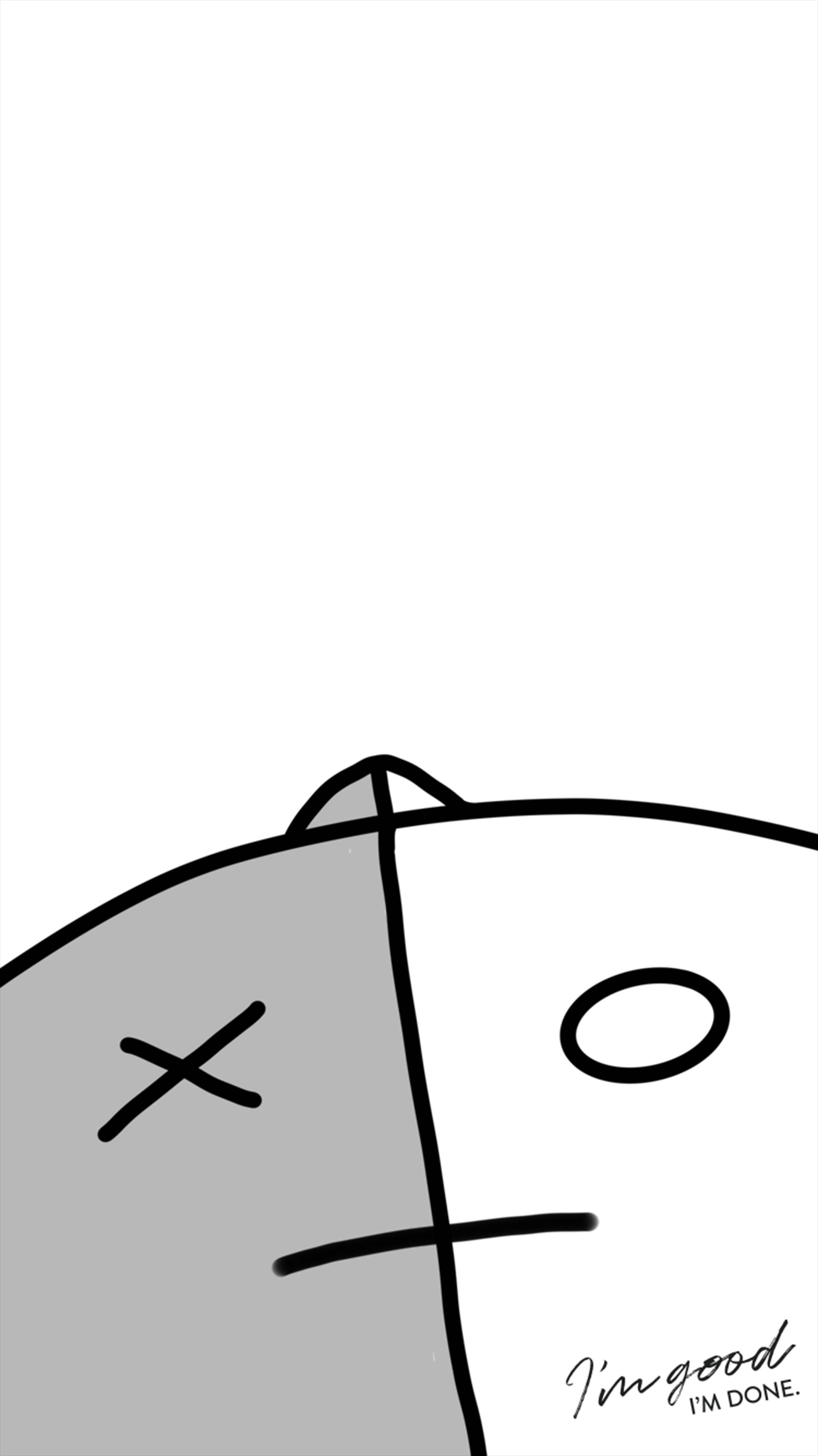 van bt21 桌布 壁紙 — 一隻極簡卡通貓，一隻眼睛被劃掉，另一隻睜開，在純白背景上低語「我很好，我完成了」。