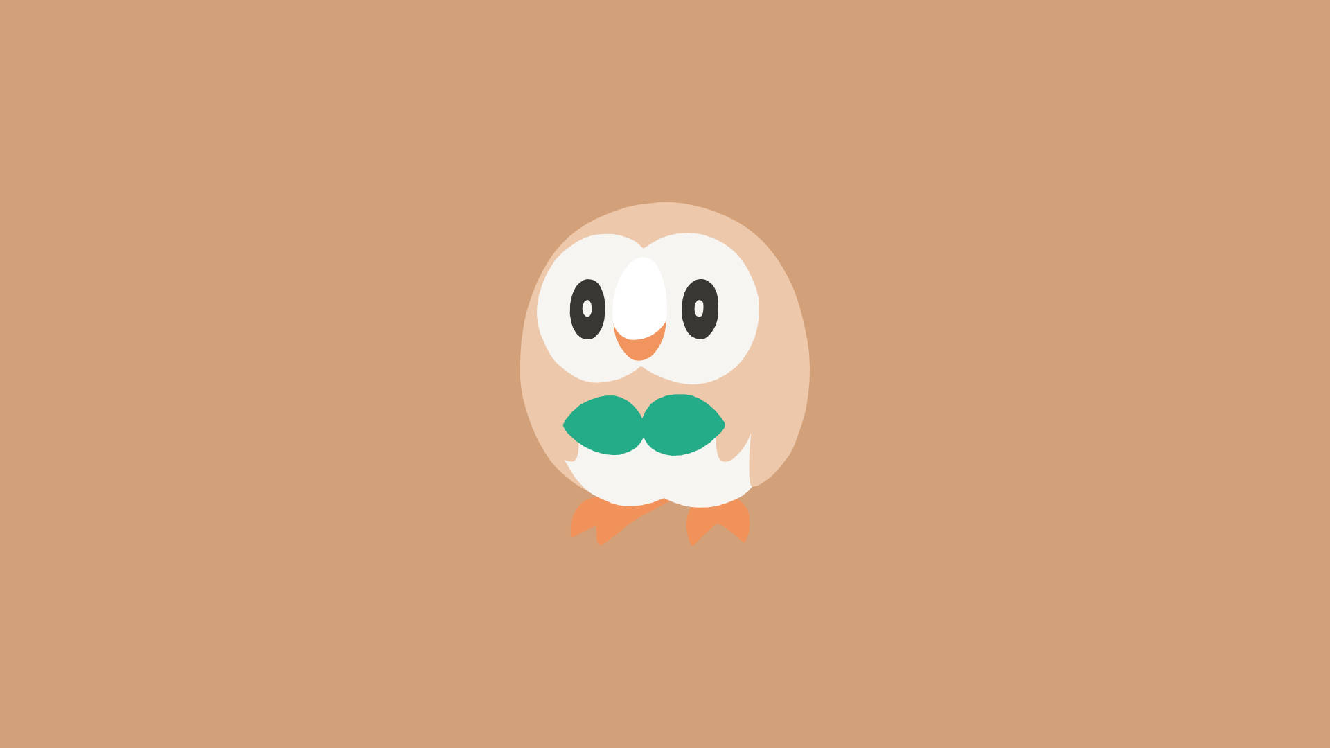 Rowlet 桌布 壁紙 — 一隻極簡卡通貓頭鷹，有綠色鬍子和橙色腳，居中在純色棕褐色背景上。
