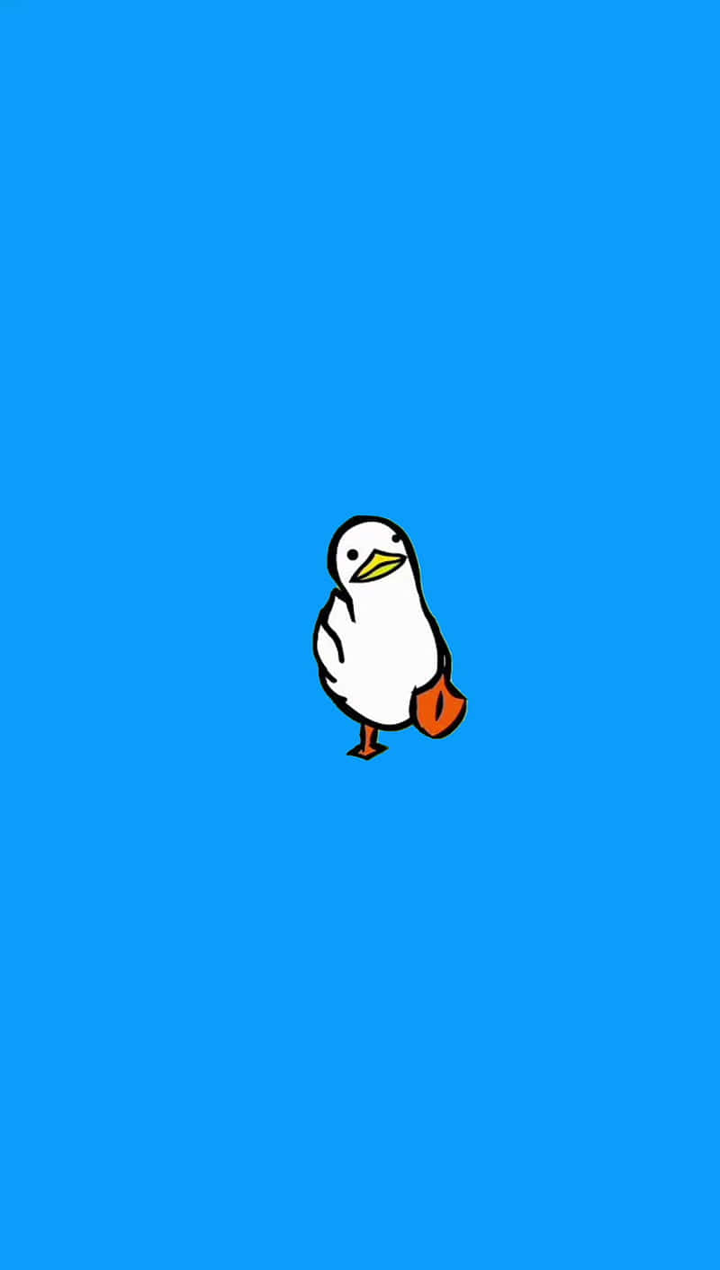 Funny Cartoon iPhone 桌布 壁紙 — 一隻極簡卡通鴨子，有橙色腳，獨自站在純亮藍色背景前。