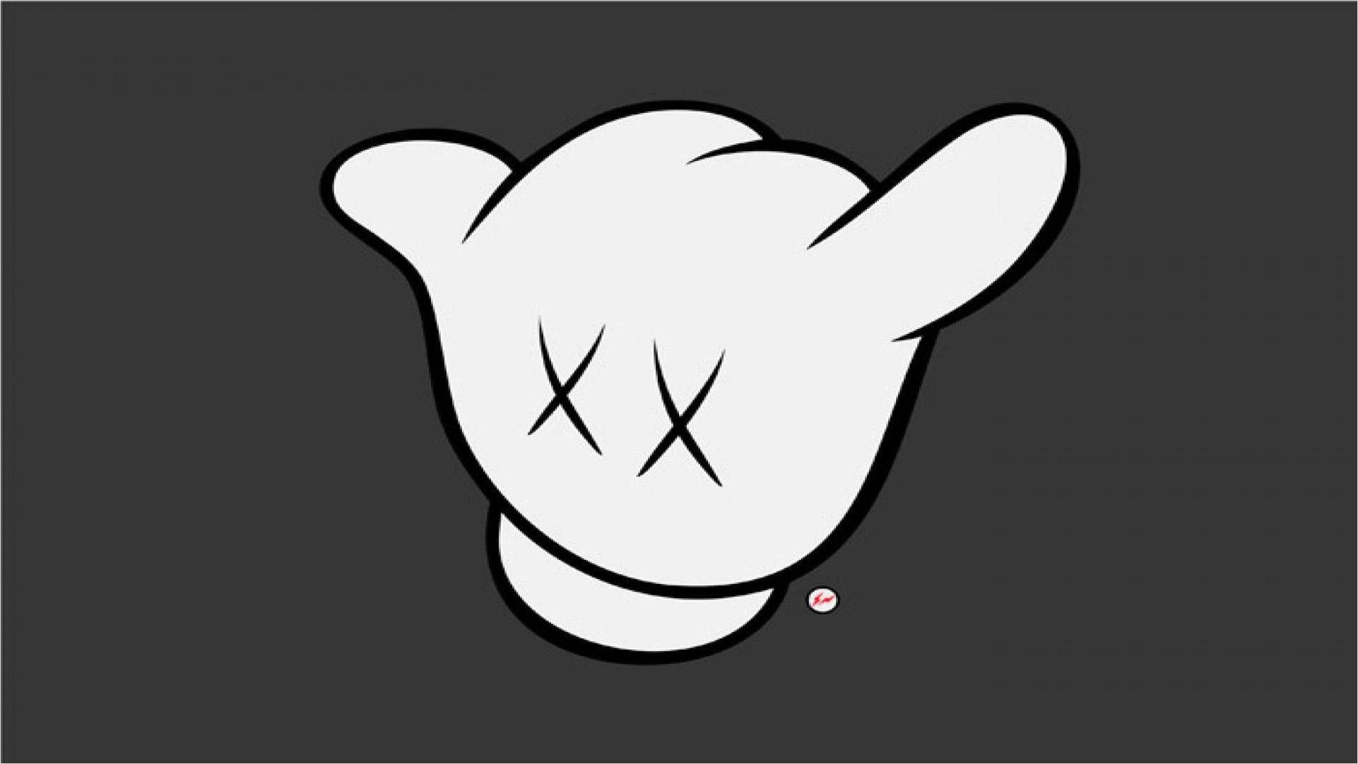 kaws 4K 桌布 壁紙 — 一隻極簡白色卡通手，帶有X形眼睛和一個小紅點，背景為深灰色。