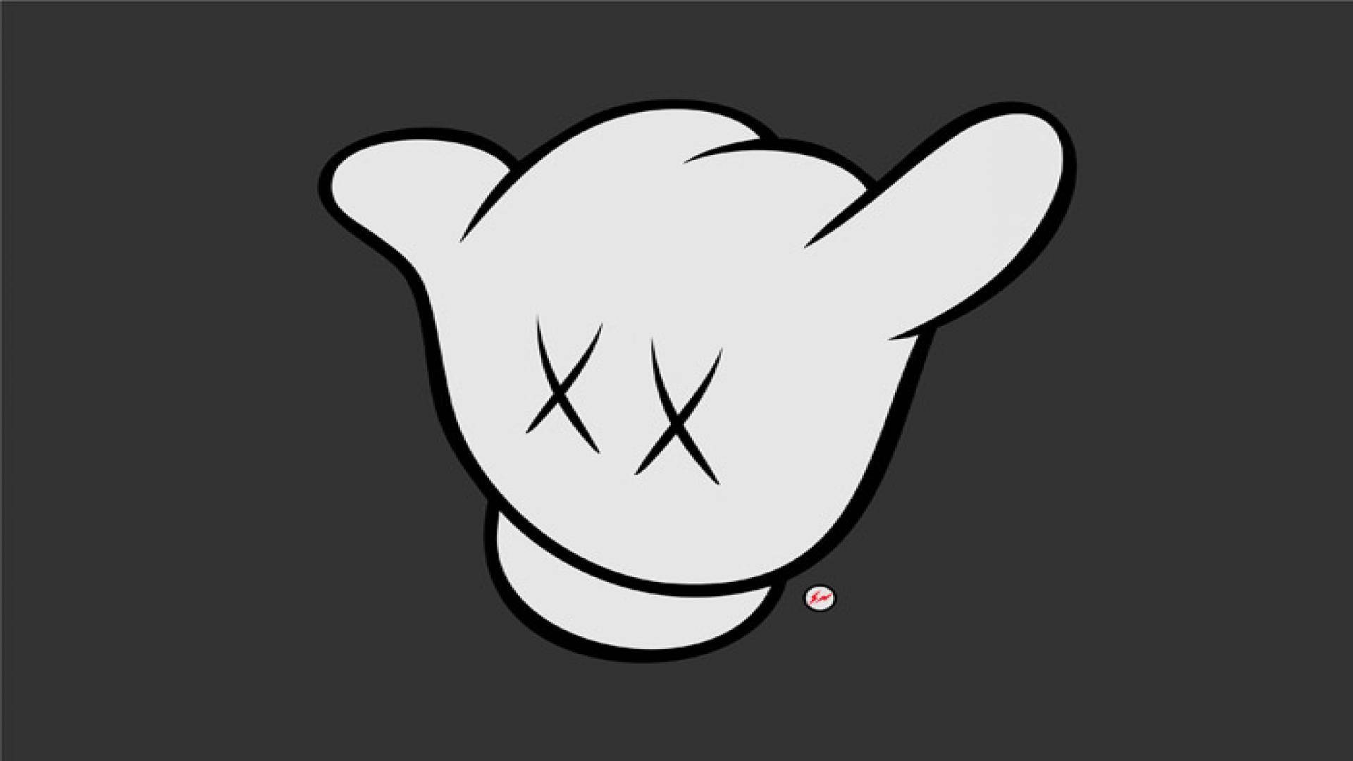 kaws pc 桌布 壁紙 — 一隻極簡白色卡通手，帶有X形眼睛和一個小紅點，背景為深灰色。