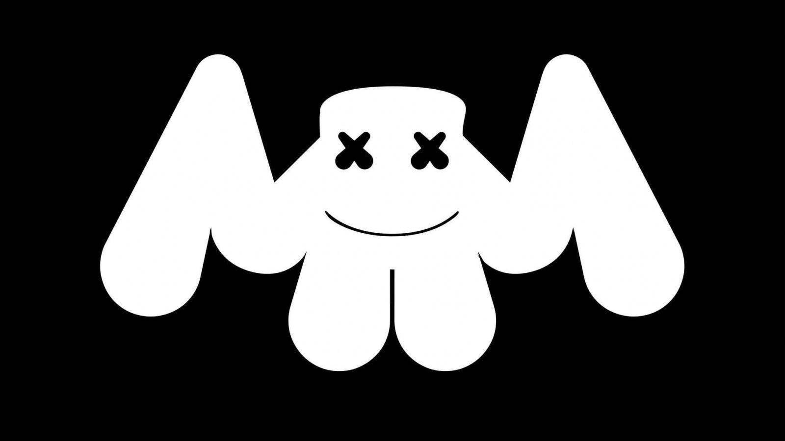 Marshmello 動態圖 桌布 壁紙 — 一隻極簡白色卡通蝙蝠，帶有X形眼睛和微笑，背景為純黑色。