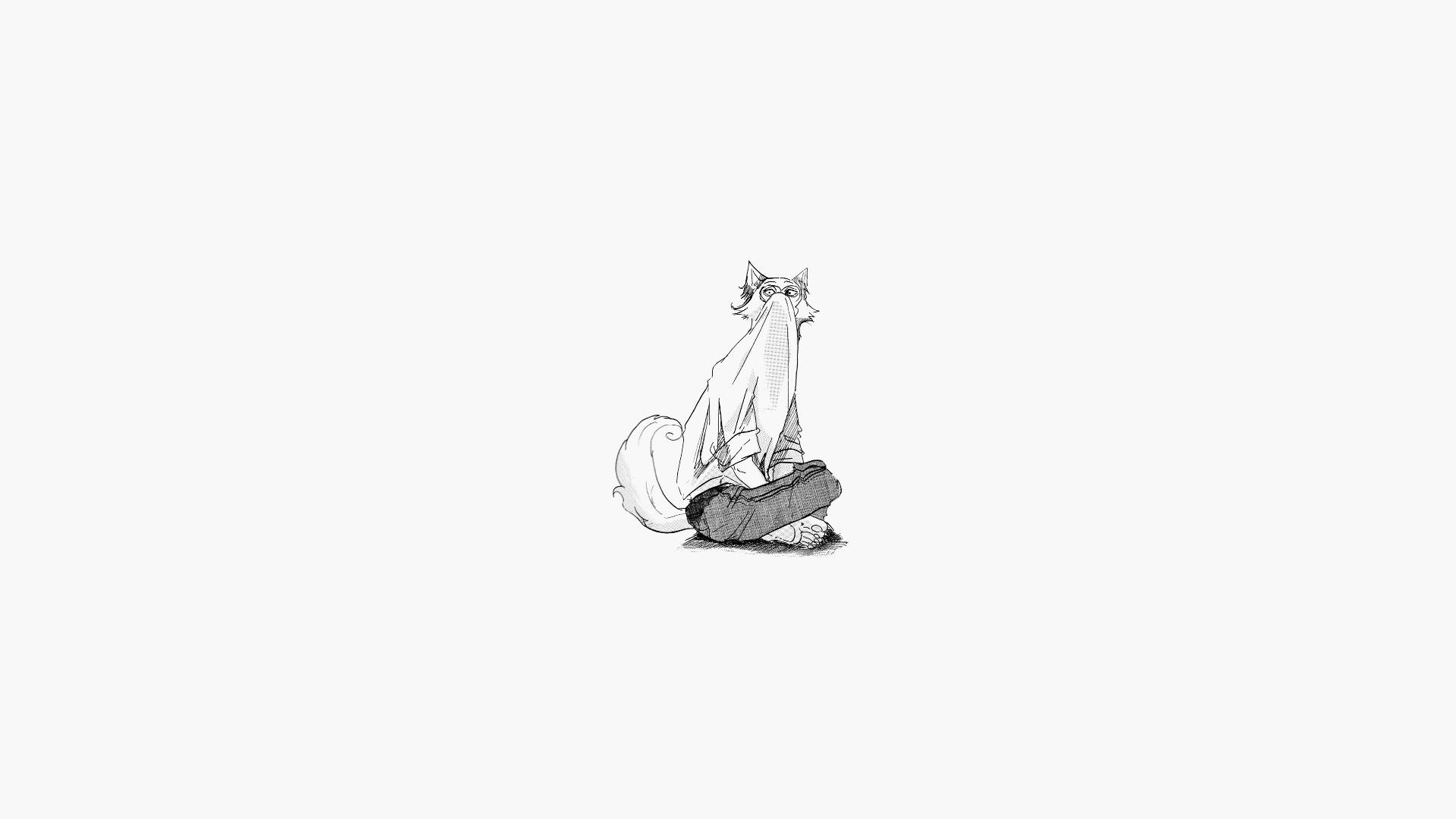 獸星 桌布 壁紙 — 一隻極簡線條藝術的狐狸平靜地坐在圓木上，背景是純白色。